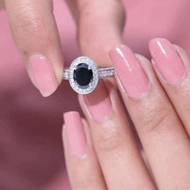 Rosec Jewels-Vintage Inspired Black Onyx Oval Engagement Ring with Diamond Halo