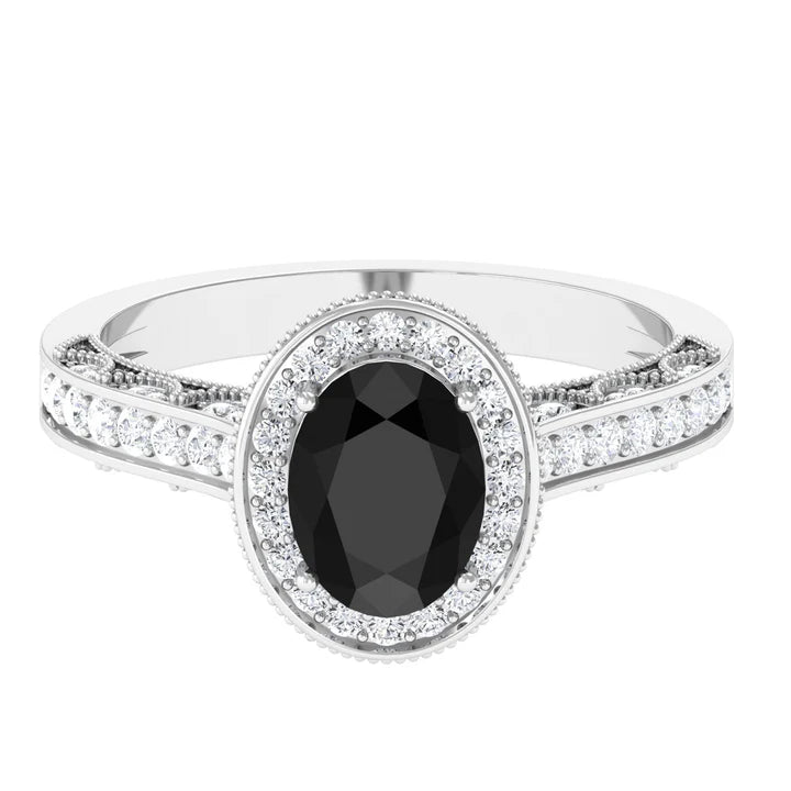 2 CT Black Onyx and Diamond Engagement Ring with Milgrain Details Black Onyx - ( AAA ) - Quality - Rosec Jewels