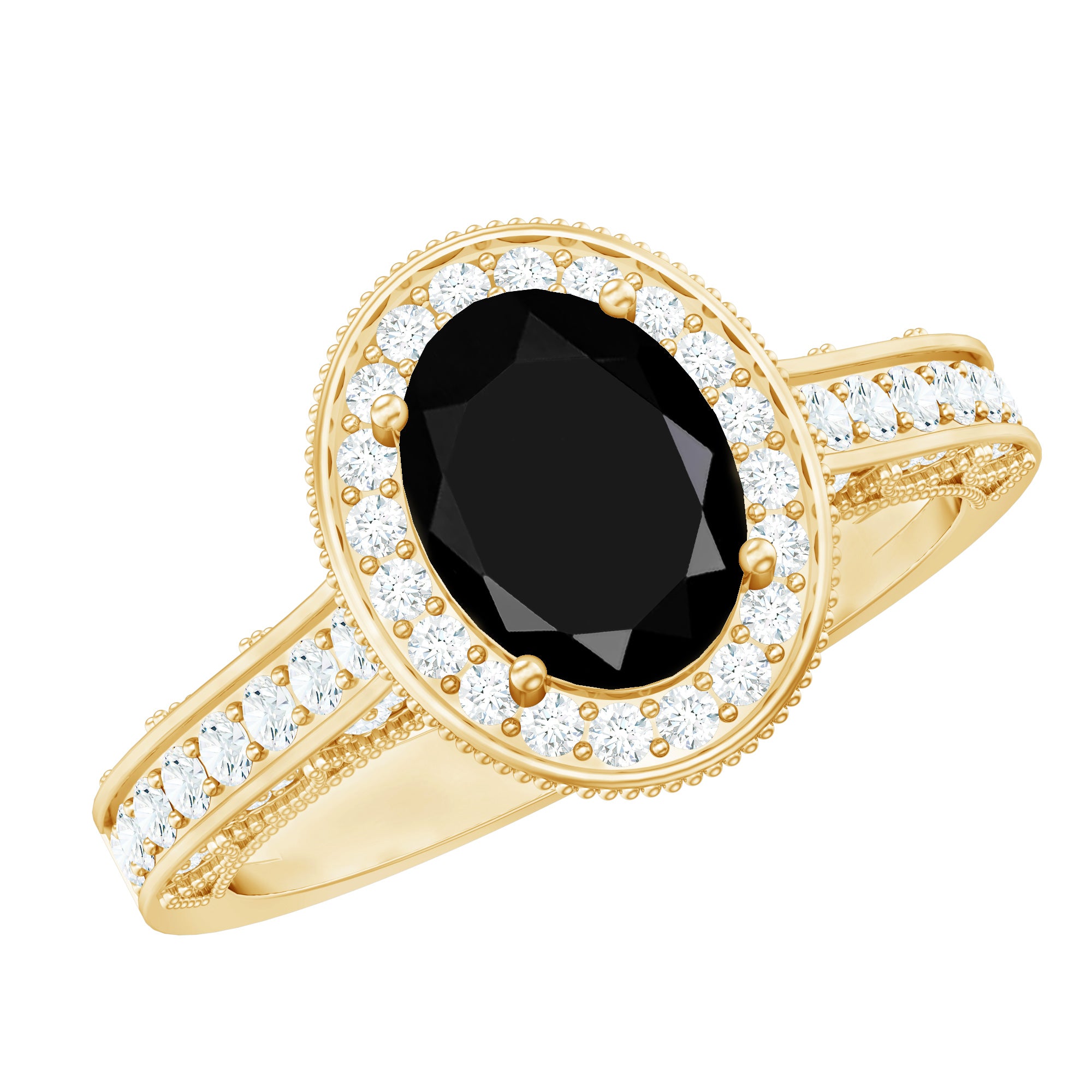 Rosec Jewels-Vintage Inspired Black Onyx Oval Engagement Ring with Diamond Halo