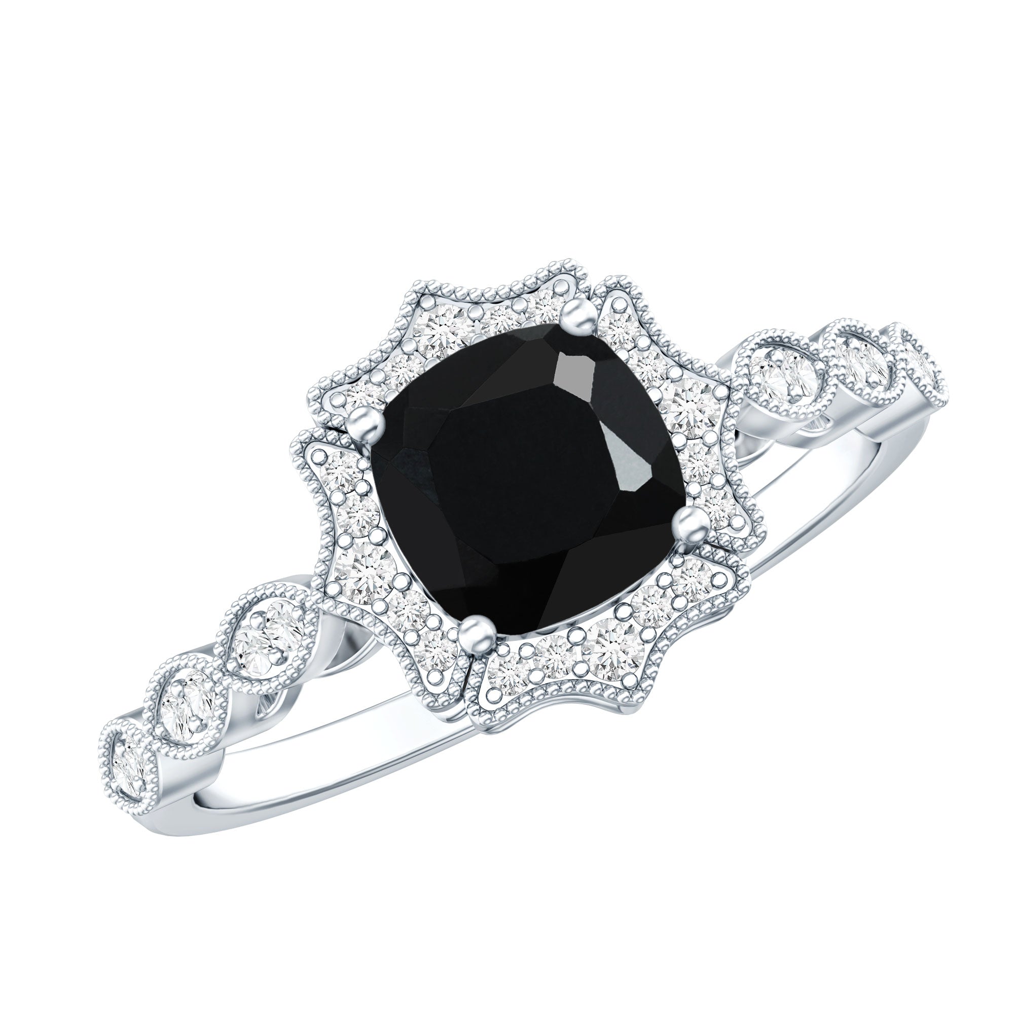 Vintage Inspired Black Onyx and Diamond Halo Engagement Ring AAA - Rosec Jewels
