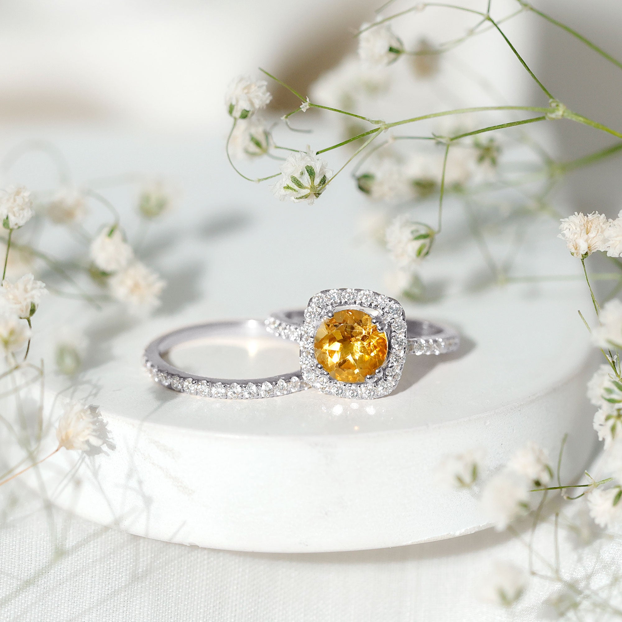 1.2 Carat Citrine Halo Wedding Ring Set with Moissanite AAA - Rosec Jewels