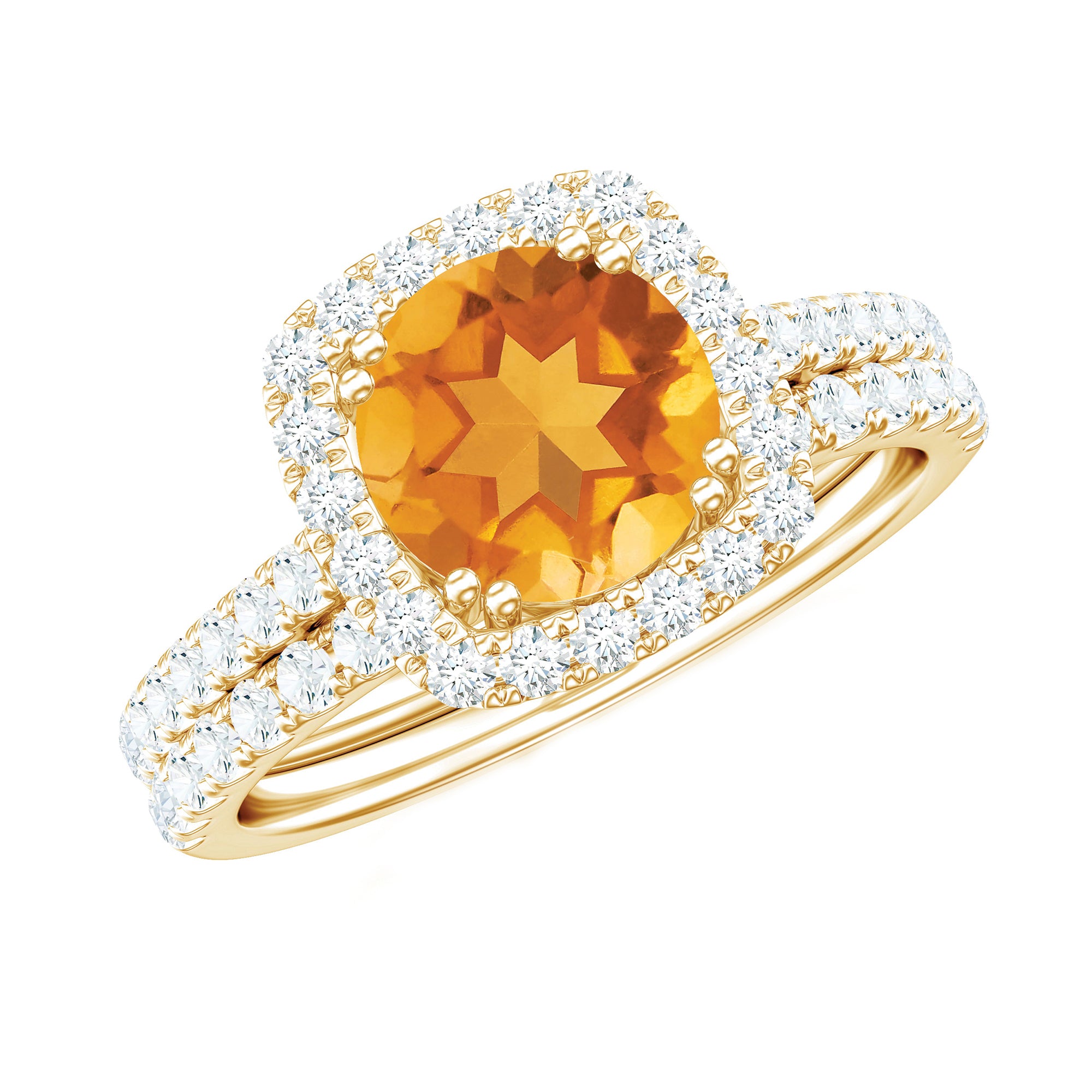 1.2 Carat Citrine Halo Wedding Ring Set with Moissanite AAA - Rosec Jewels