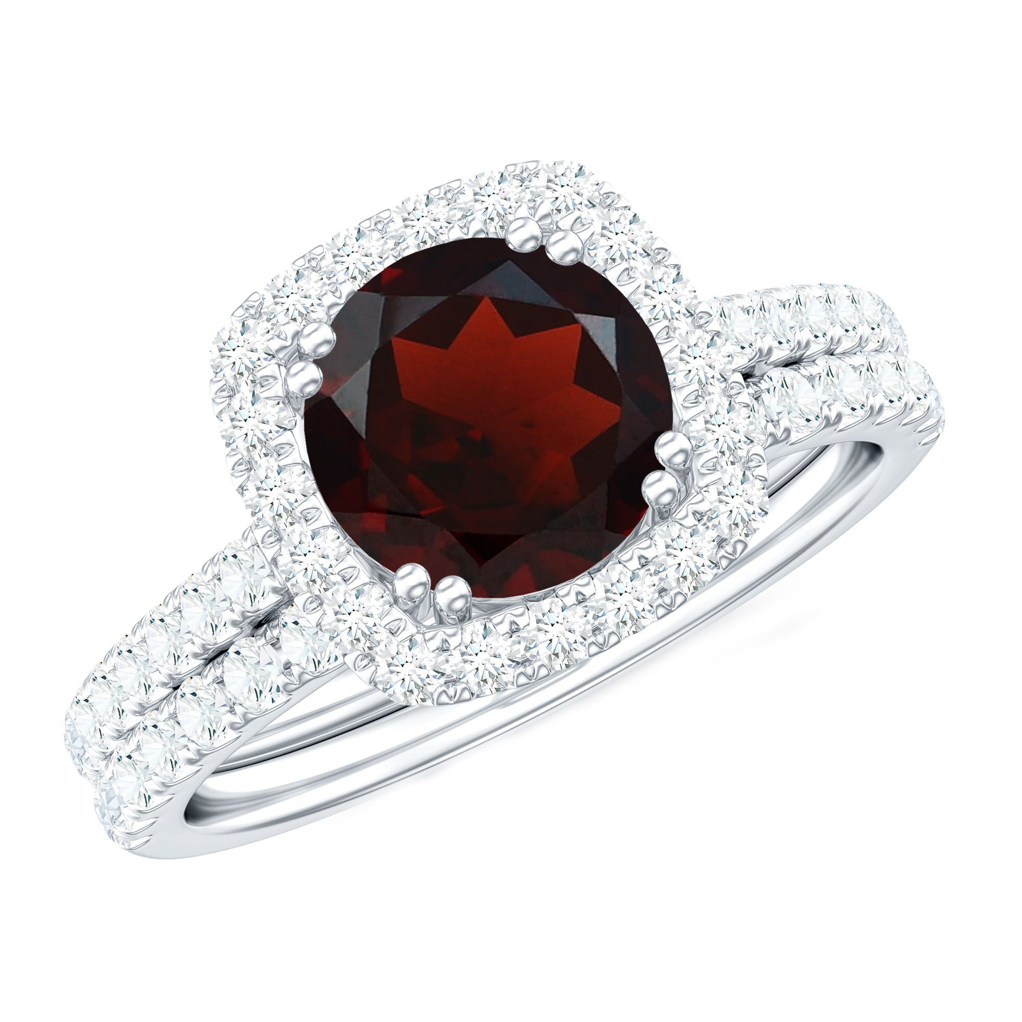 Natural Garnet Diamond Engagement Ring with Wedding Band AAA - Rosec Jewels