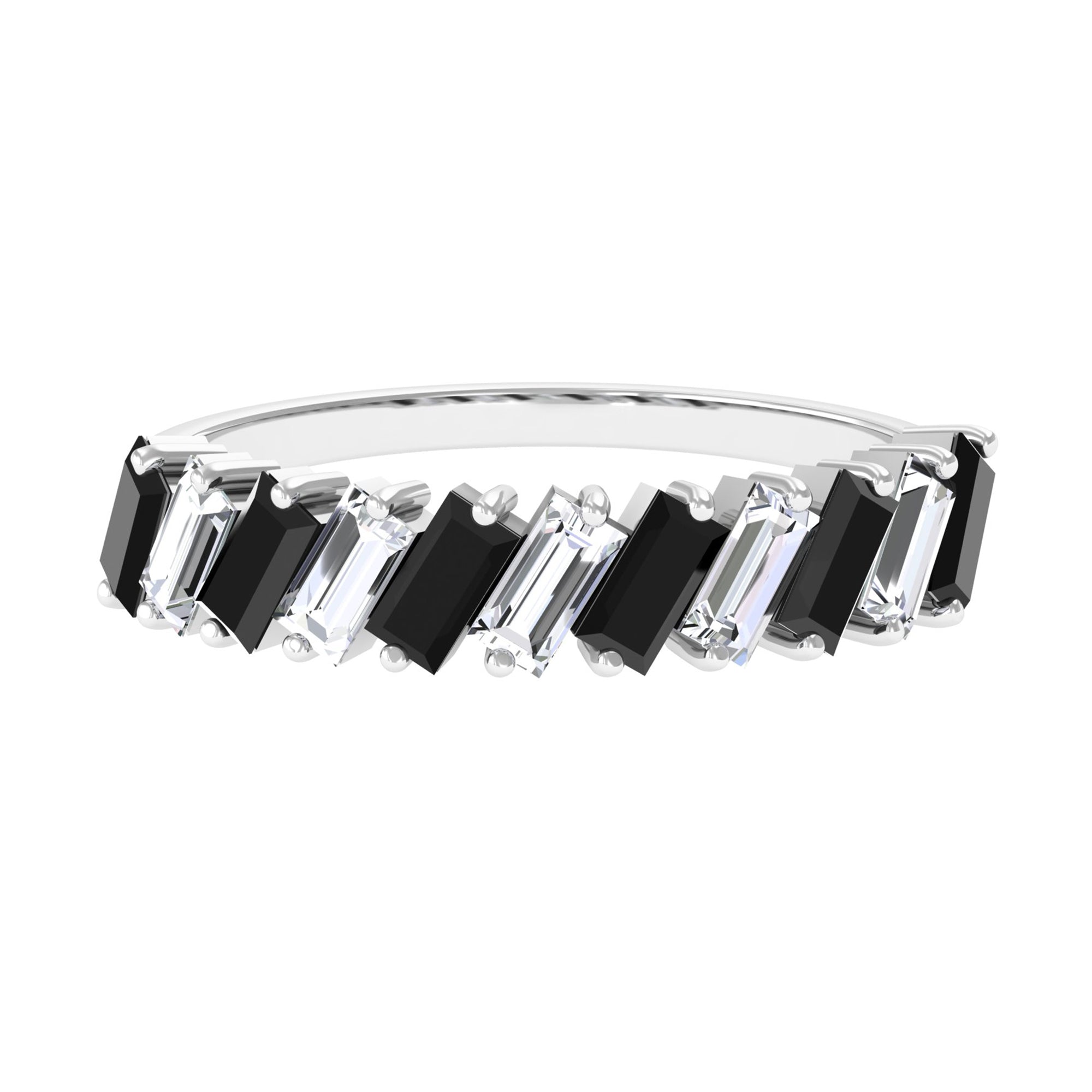 Tilted Baguette Shape Black Onyx and Moissanite Half Eternity Ring Black Onyx - ( AAA ) - Quality - Rosec Jewels