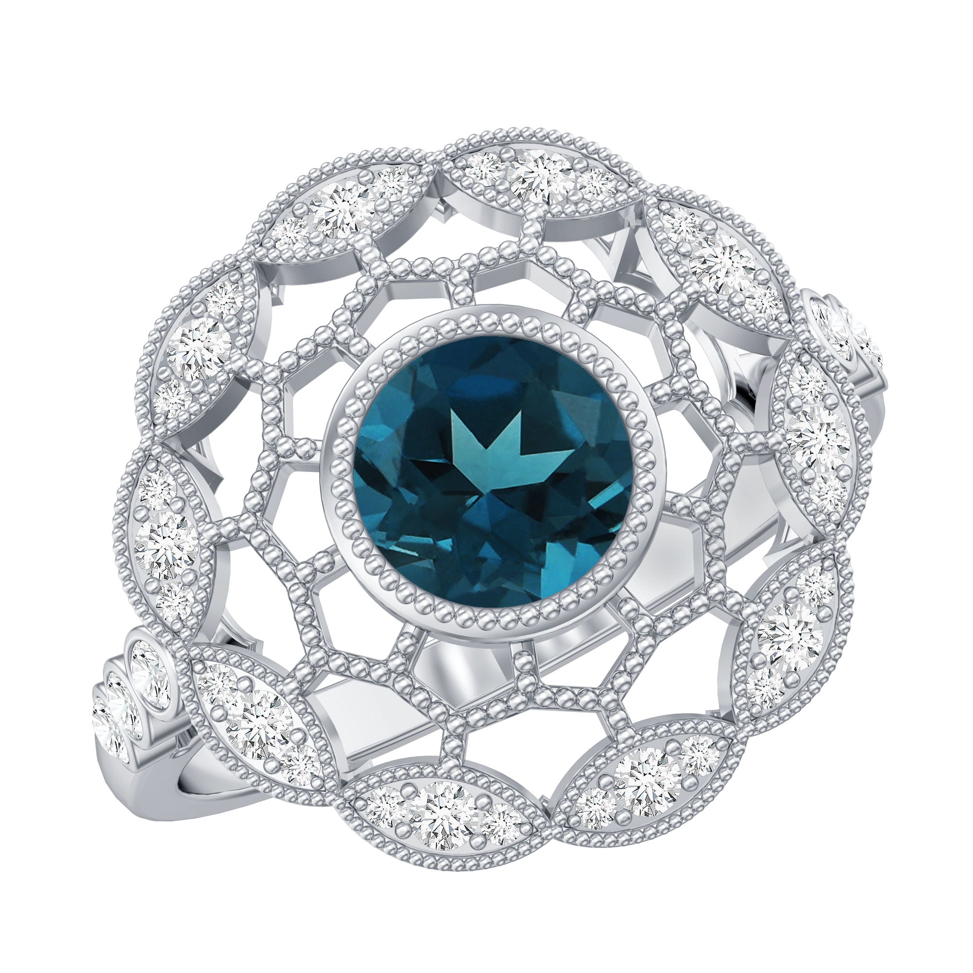 Genuine London Blue Topaz and Diamond Statement Ring with Beaded Details