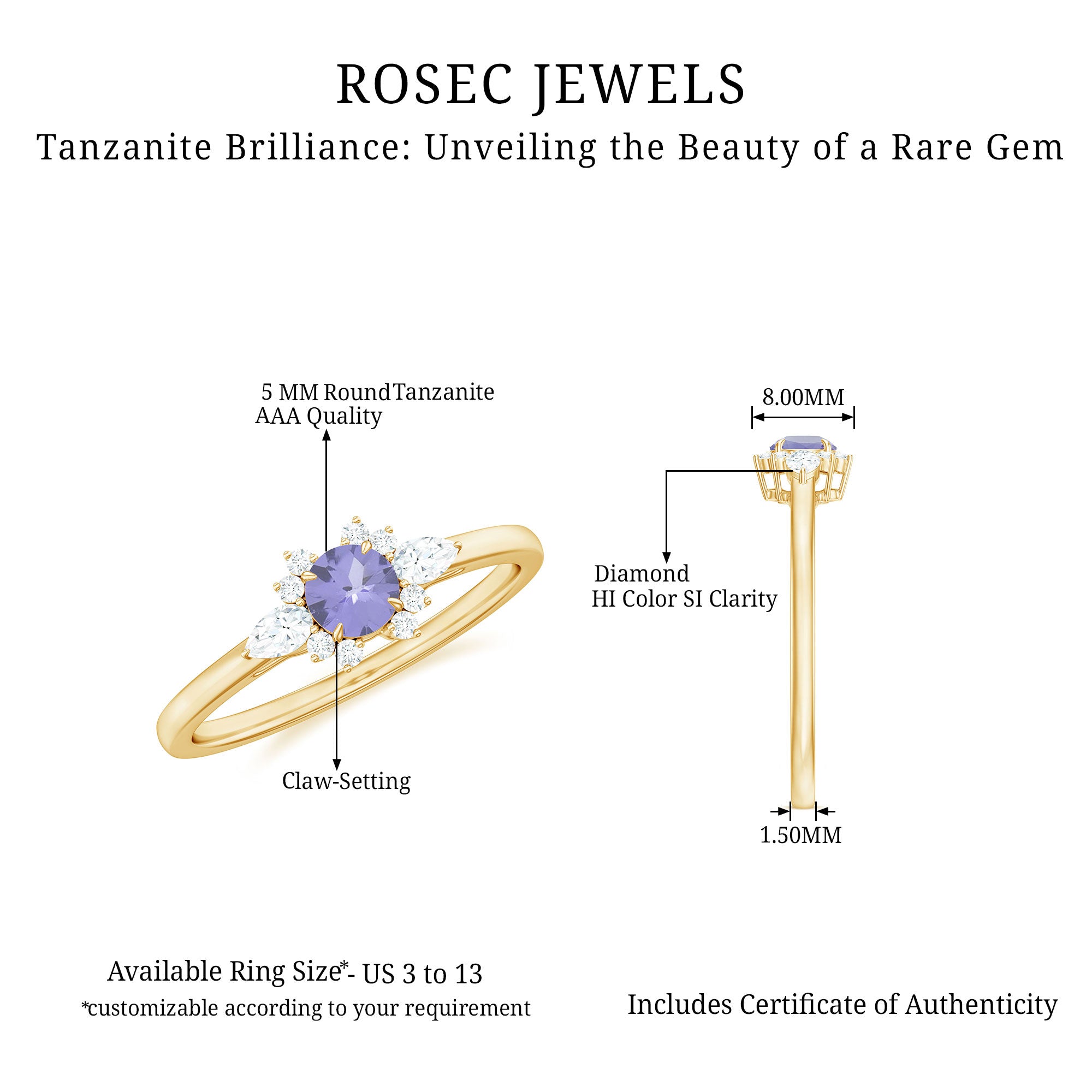 Real Tanzanite Promise Ring with Diamond AAA - Rosec Jewels