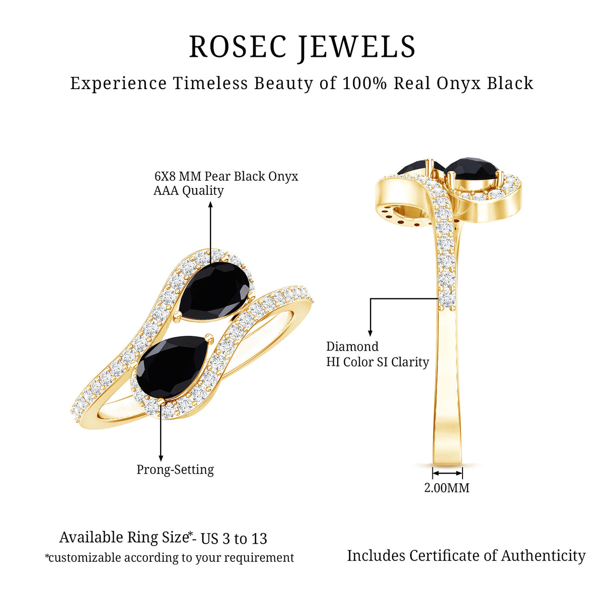 Pear Cut Black Onyx Two Stone Engagement Ring with Diamond AAA - Rosec Jewels