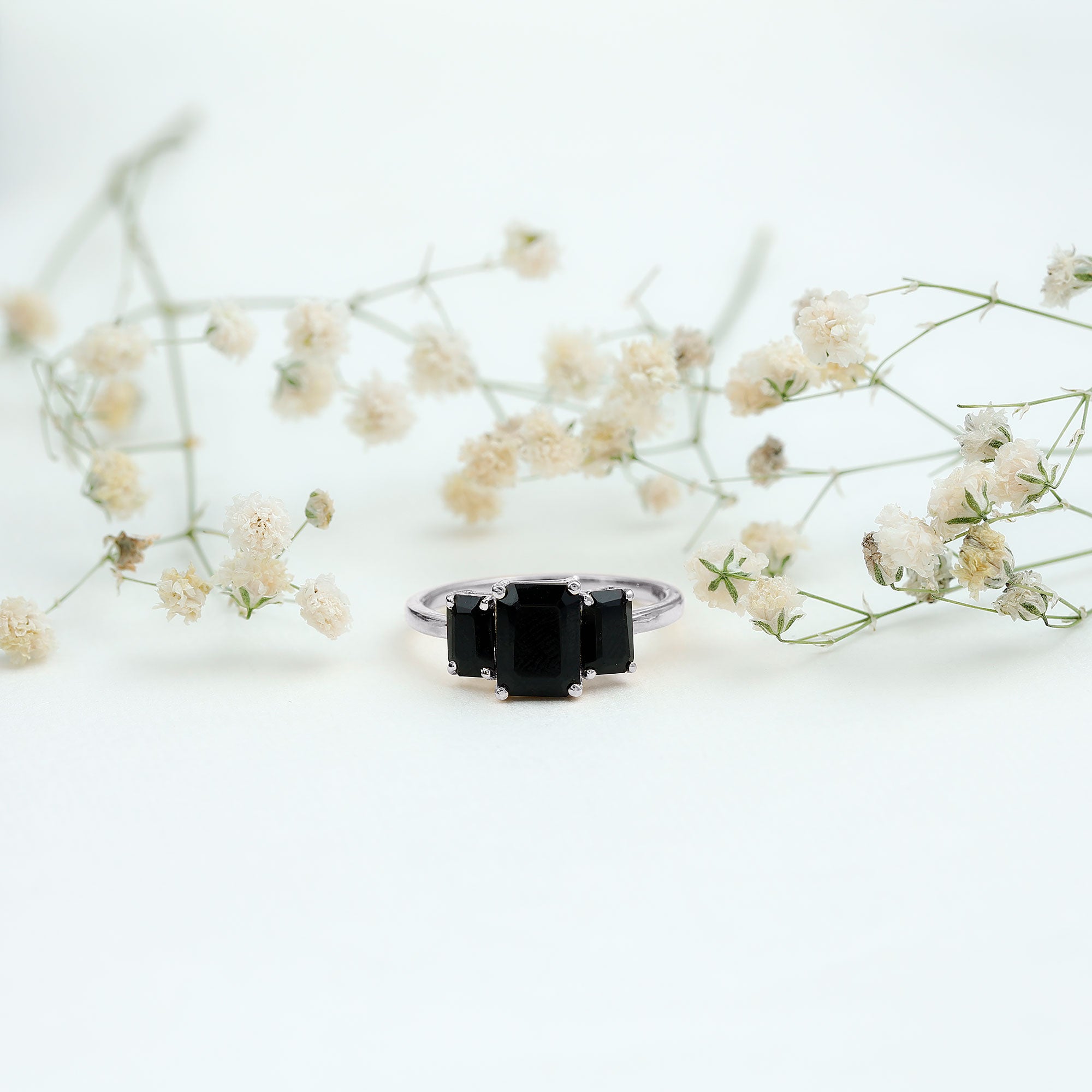 Emerald Cut Black Onyx Three Stone Engagement Ring AAA - Rosec Jewels