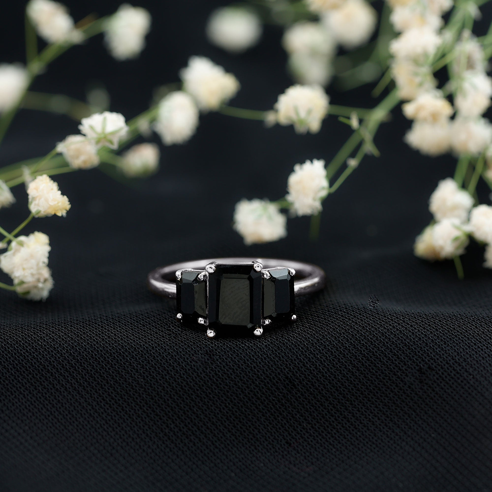 Emerald Cut Black Onyx Three Stone Engagement Ring AAA - Rosec Jewels