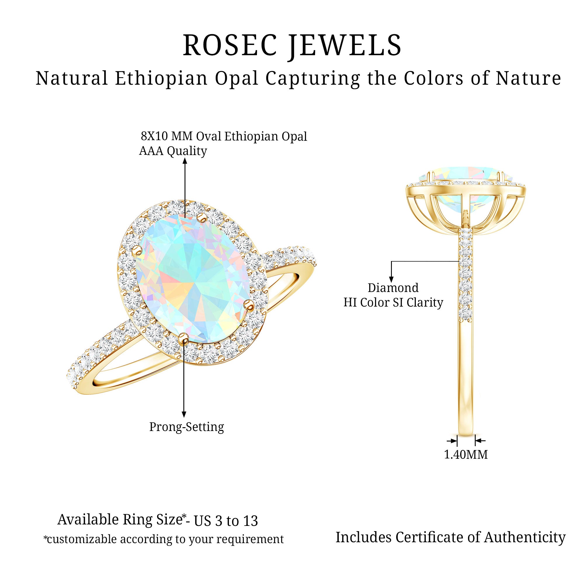 Certified Real 8X10 mm Ethiopian Opal Engagement Ring with Diamond Halo AAA - Rosec Jewels
