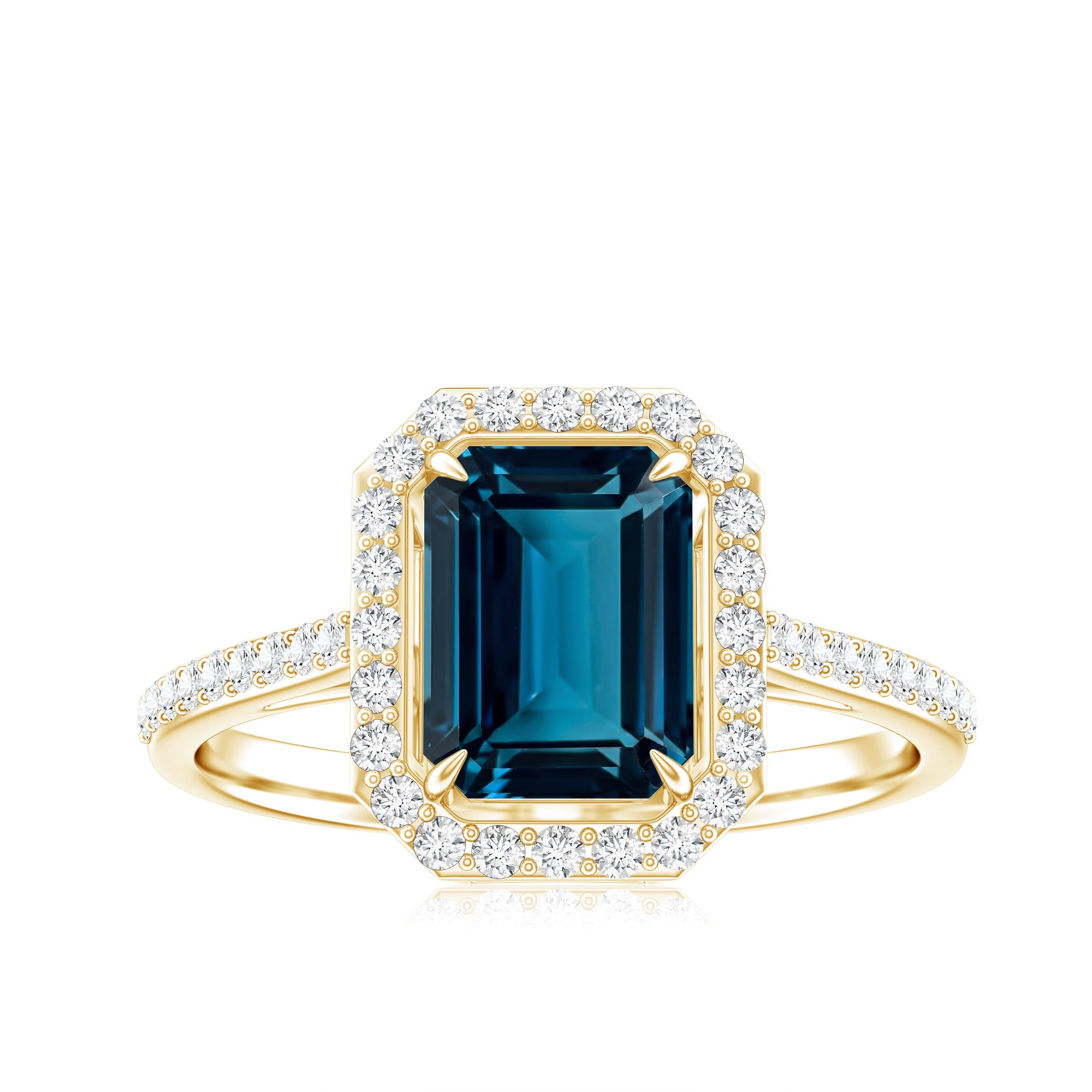 Emerald Cut London Blue Topaz Engagement Ring with Diamond Halo AAA - Rosec Jewels