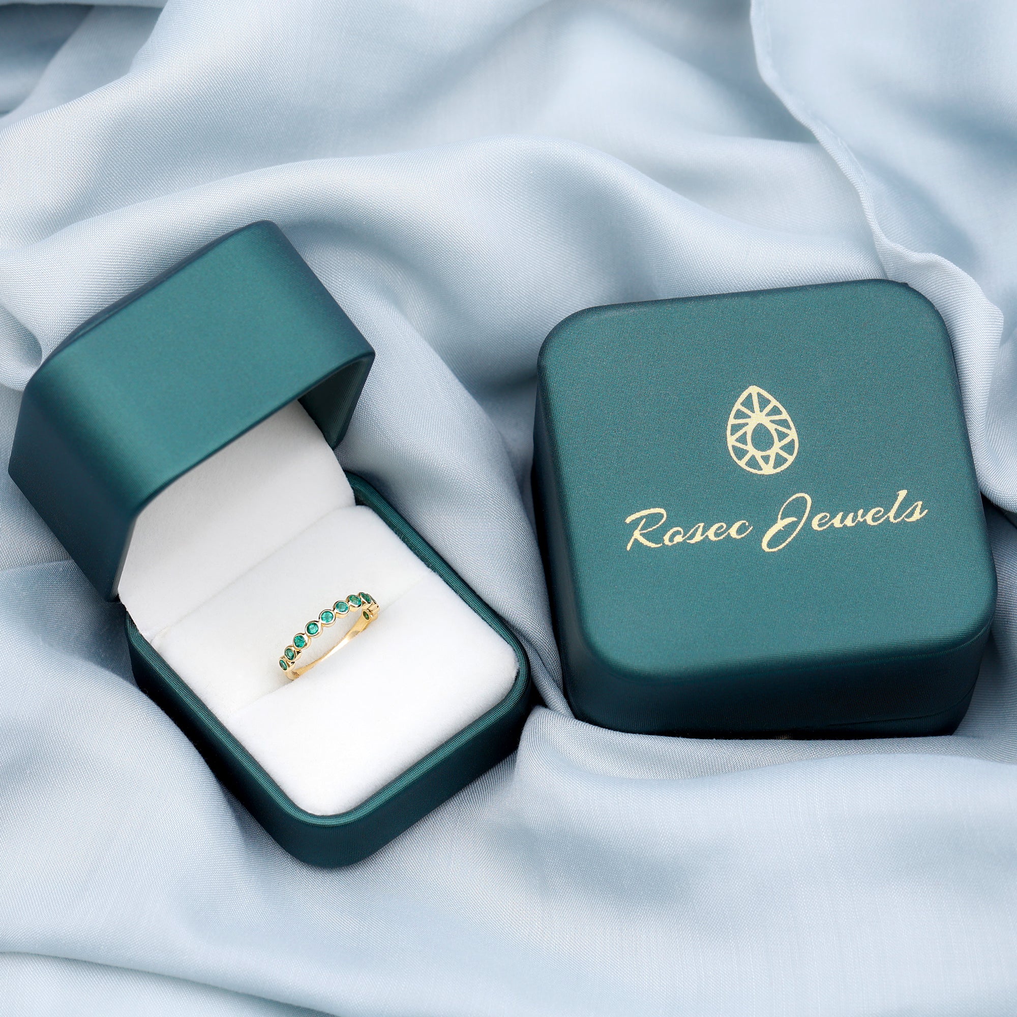 Round Shape Emerald Half Eternity Ring in Bezel Setting Emerald - ( AAA ) - Quality - Rosec Jewels
