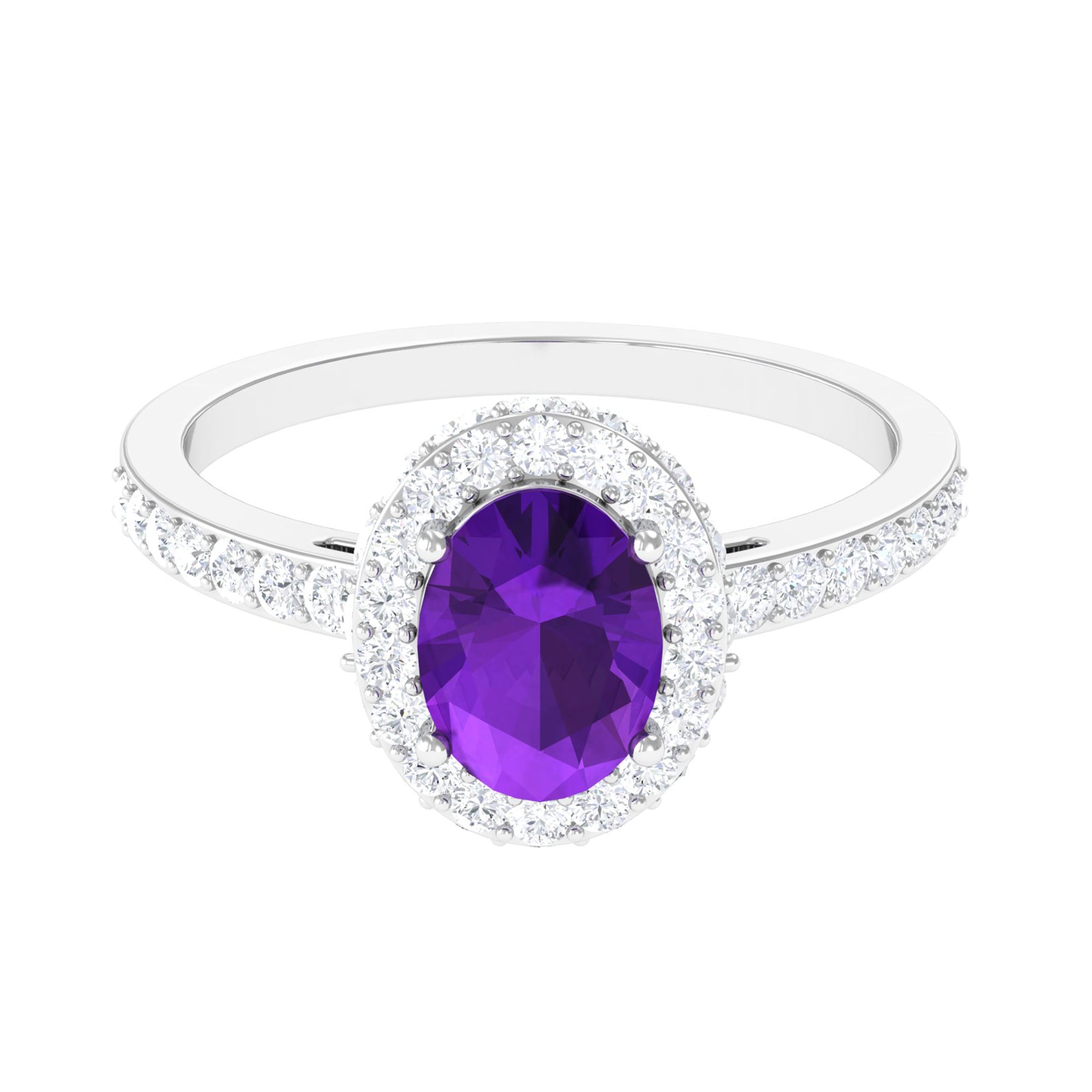 Classic Halo Engagement Ring with Oval Amethyst and Moissanite Amethyst - ( AAA ) - Quality - Rosec Jewels