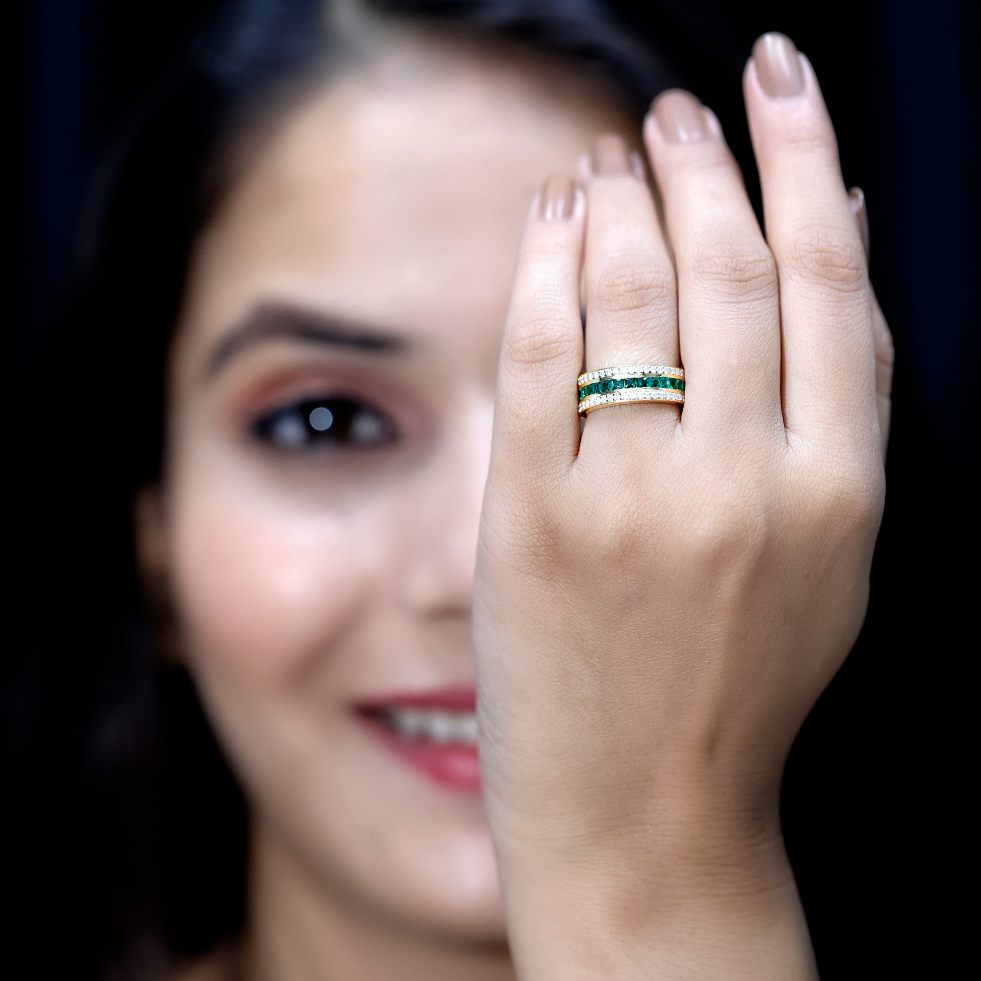 Certified Lab Grown Emerald 3 Row Eternity Wedding Band AAAA - Rosec Jewels