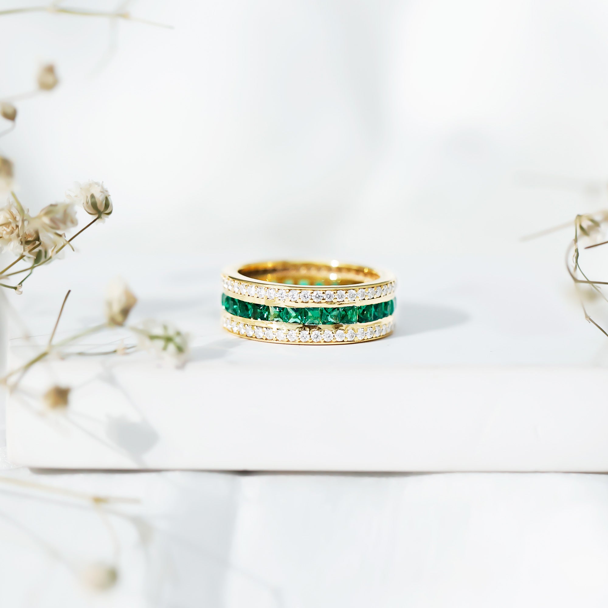Certified Lab Grown Emerald 3 Row Eternity Wedding Band AAAA - Rosec Jewels
