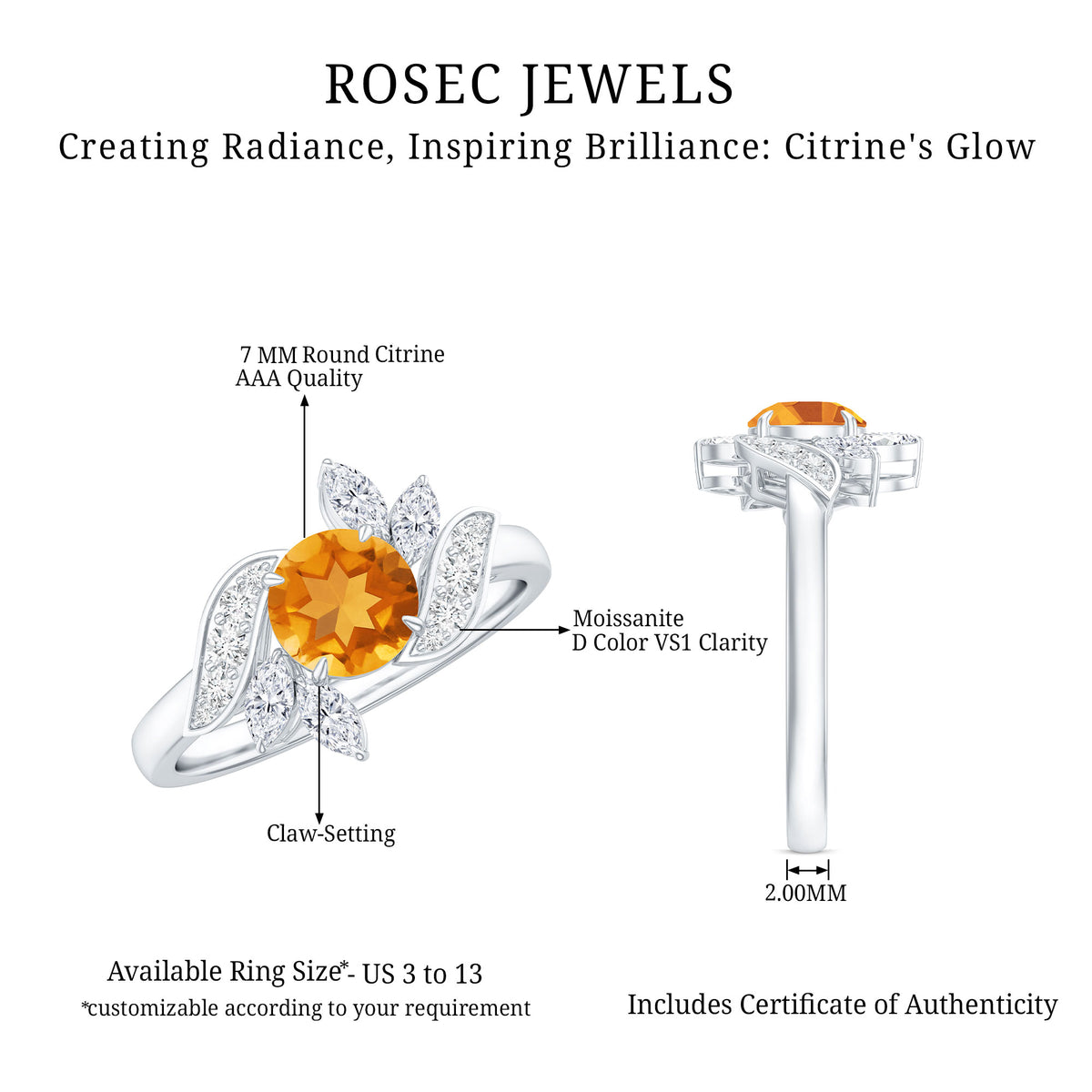 Certified Real 1.2 Carat Citrine Engagement Ring with Moissanite AAA - Rosec Jewels