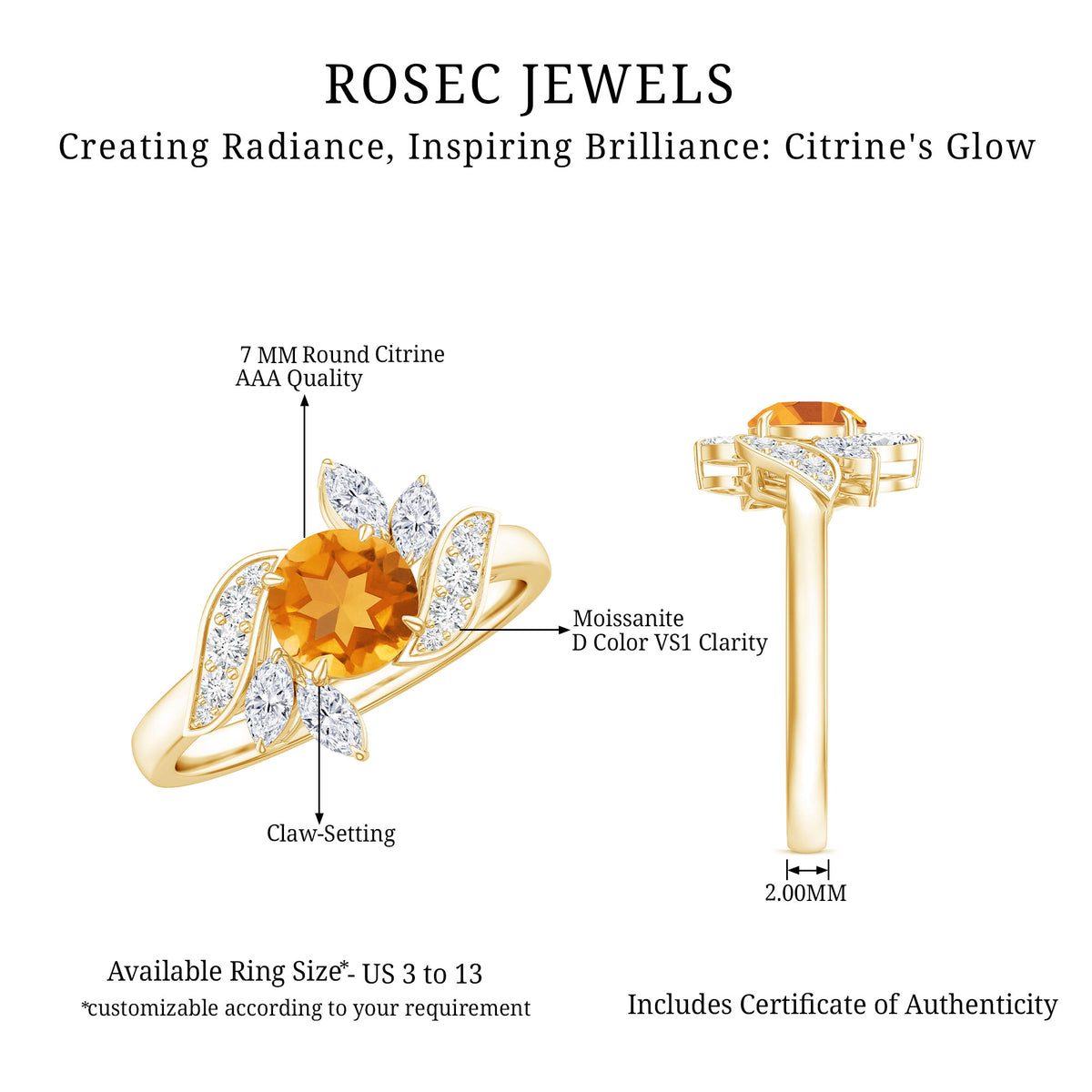 Certified Real 1.2 Carat Citrine Engagement Ring with Moissanite AAA - Rosec Jewels