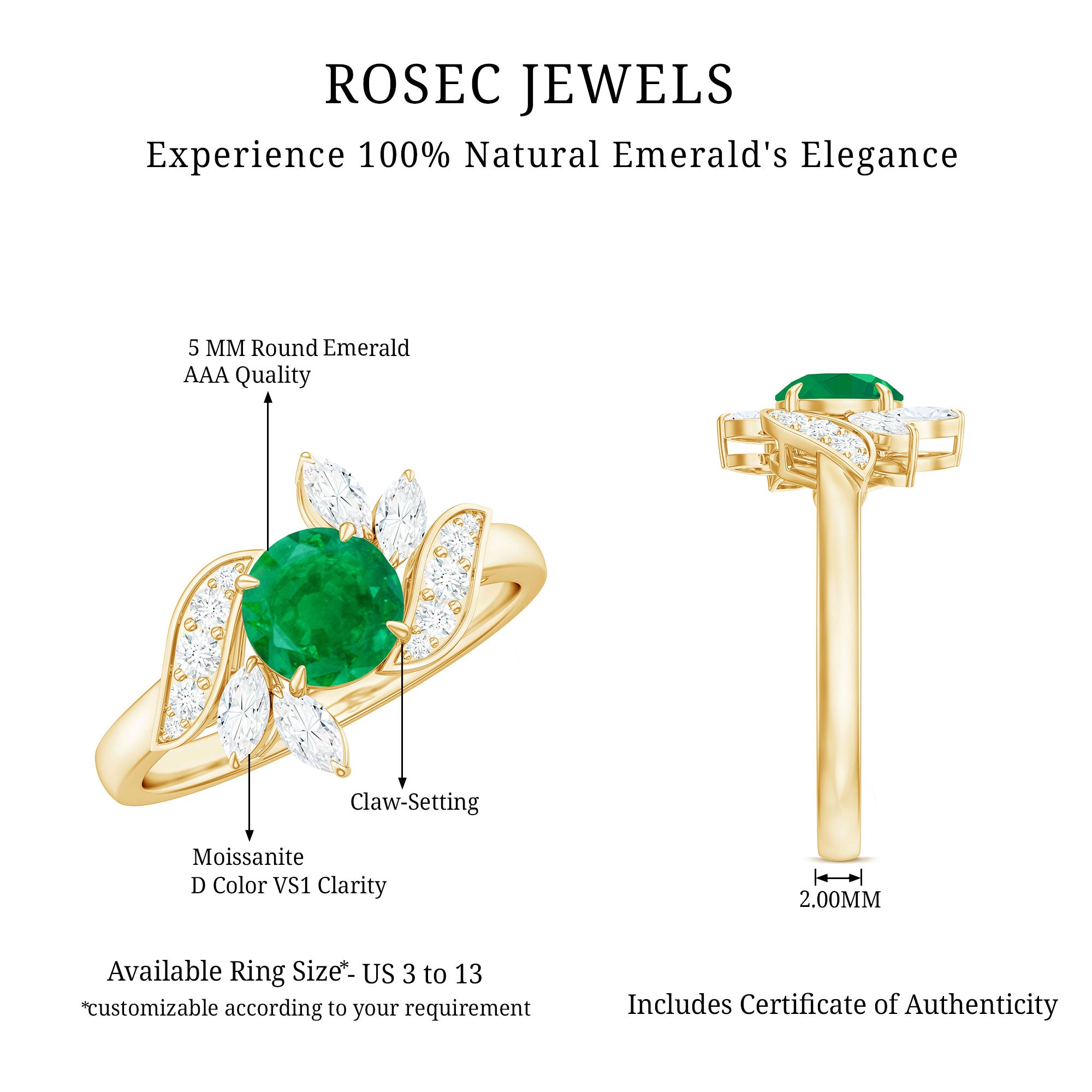 Natural 0.4 Carat Emerald Engagement Ring with Diamond AAA - Rosec Jewels