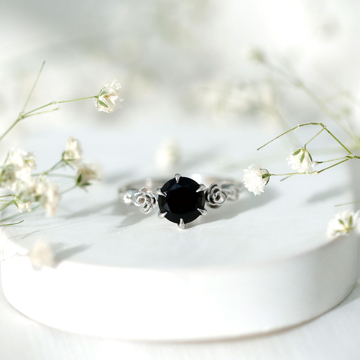 Natural Black Spinel Floral Engagement Ring with Diamond AAA - Rosec Jewels