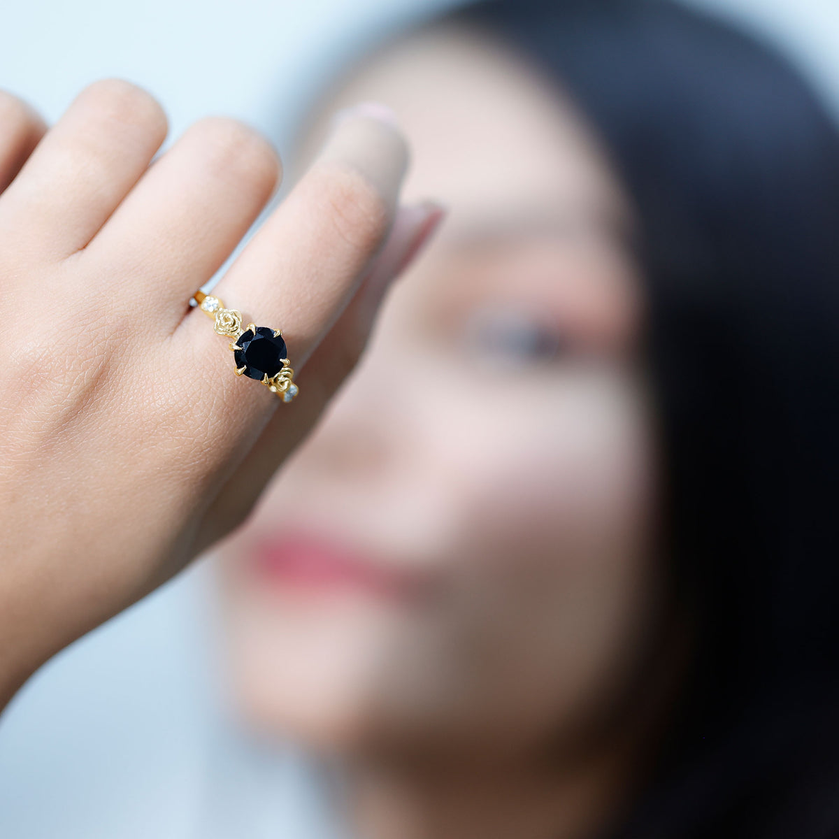 Natural Black Spinel Floral Engagement Ring with Diamond AAA - Rosec Jewels