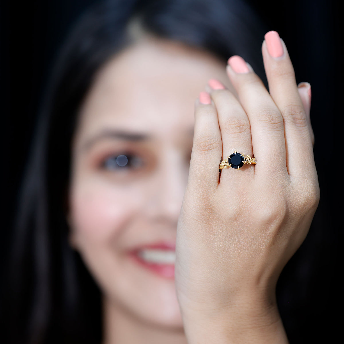Natural Black Spinel Floral Engagement Ring with Diamond AAA - Rosec Jewels