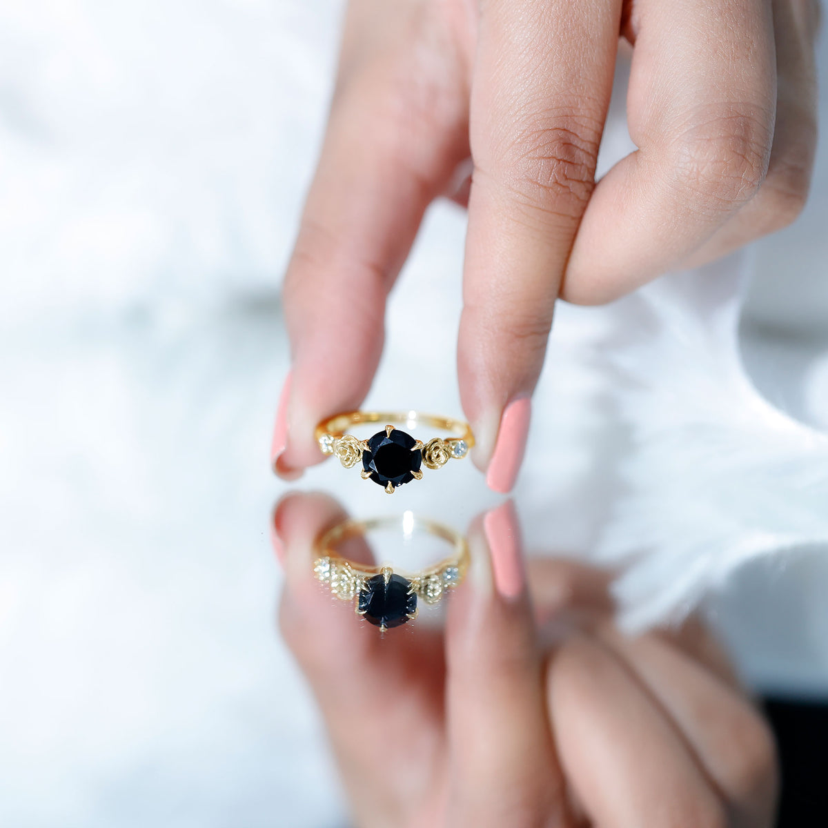 Natural Black Spinel Floral Engagement Ring with Diamond AAA - Rosec Jewels