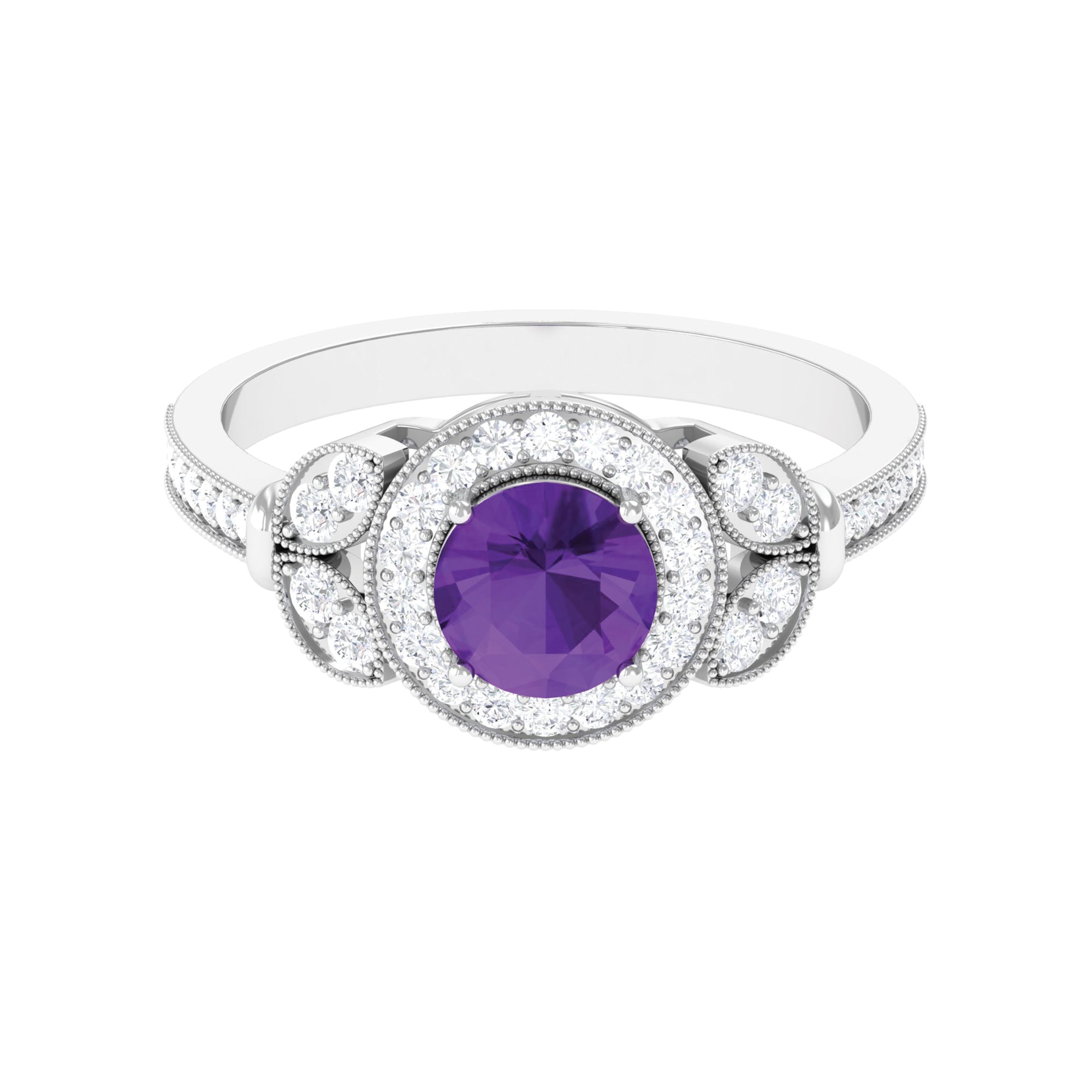 Vintage Looking Amethyst and Diamond Halo Engagement Ring AAA - Rosec Jewels