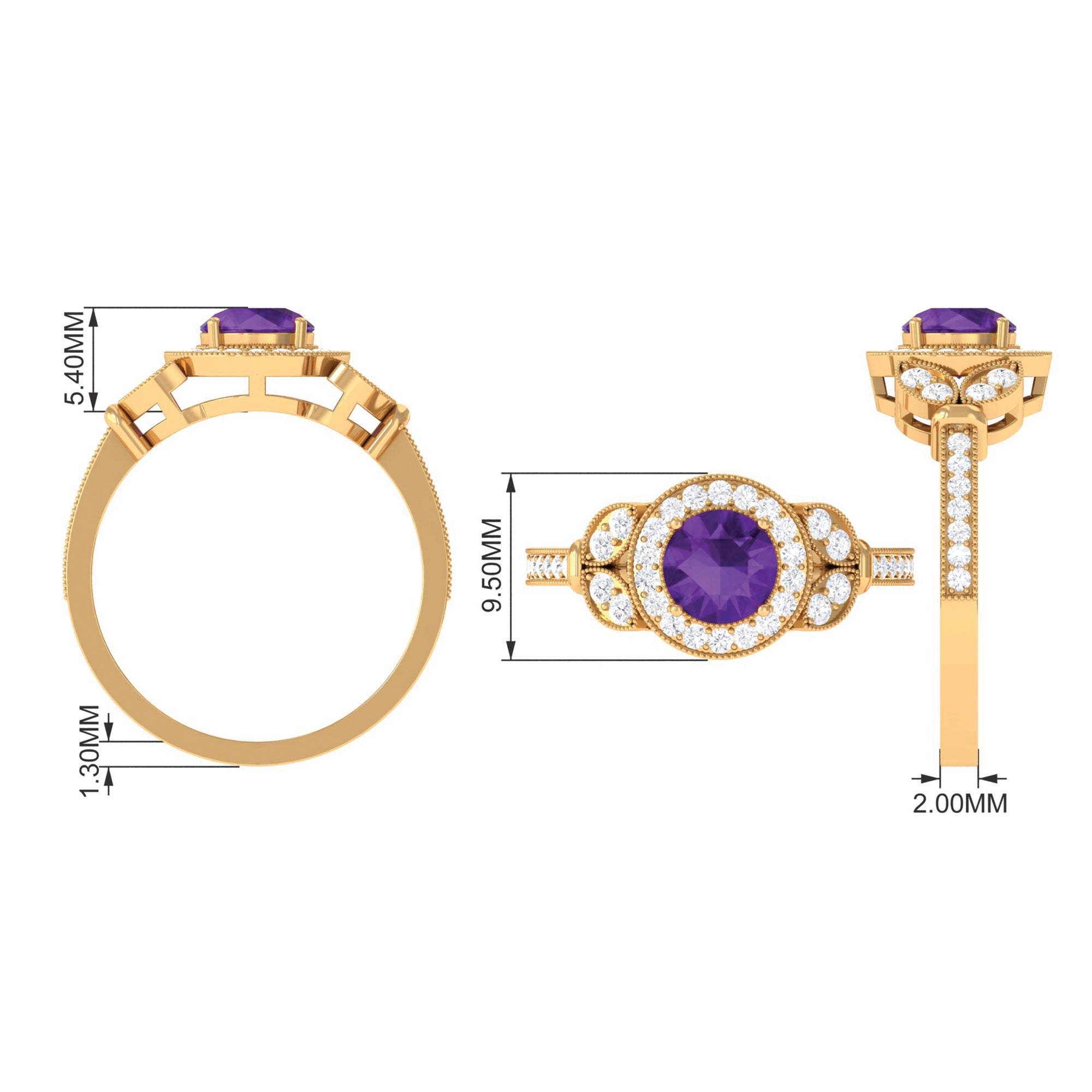 Vintage Looking Amethyst and Diamond Halo Engagement Ring AAA - Rosec Jewels