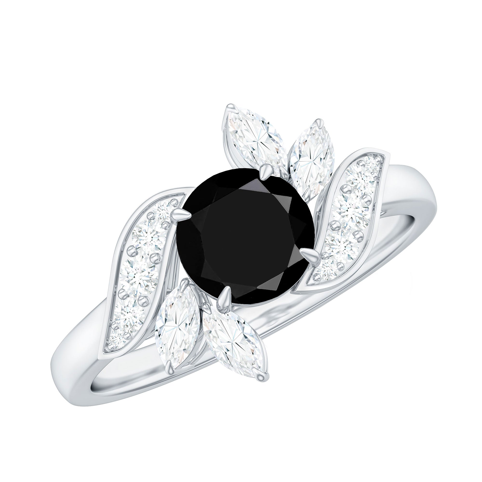 Genuine 8mm Round Black Onyx Floral Engagement Ring with Certificate