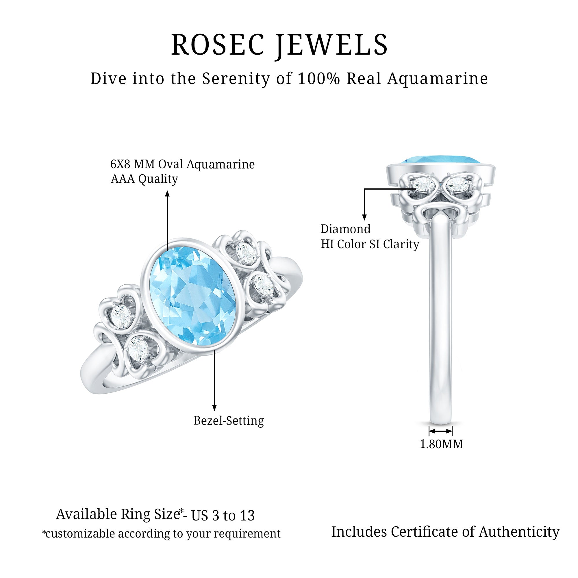 Rosec Jewels-Natural 1 Carat Oval Aquamarine Statement Engagement Ring with Diamond