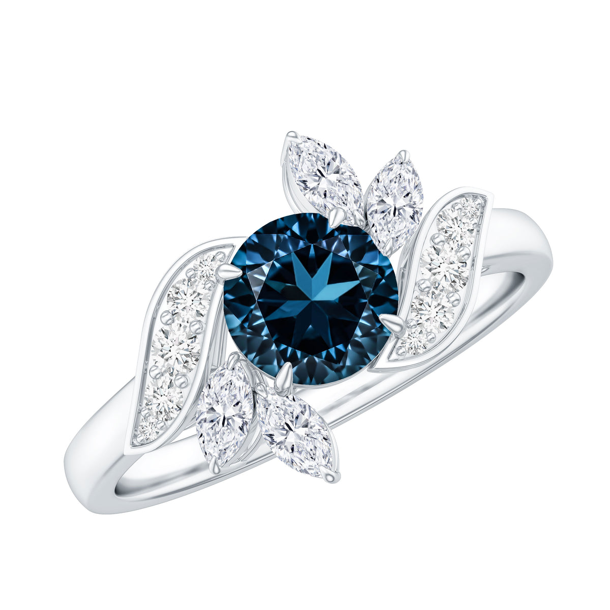 London Blue Topaz and Diamond Flower Engagement Ring AAA - Rosec Jewels