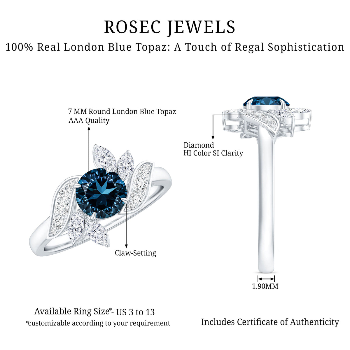 London Blue Topaz and Diamond Flower Engagement Ring AAA - Rosec Jewels