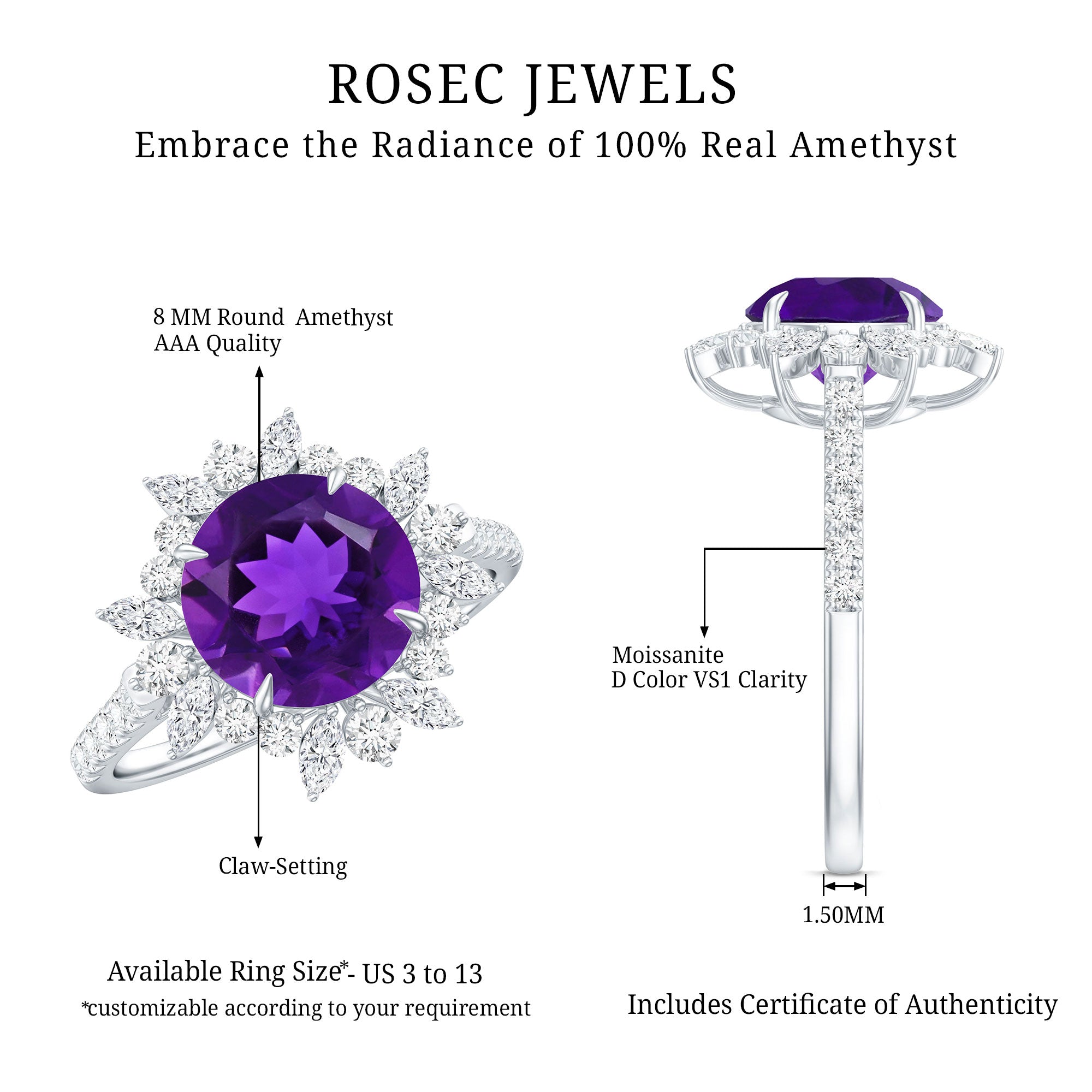 Rosec Jewels-Natural 2 Carat Amethyst Statement Engagement Ring with Moissanite Halo