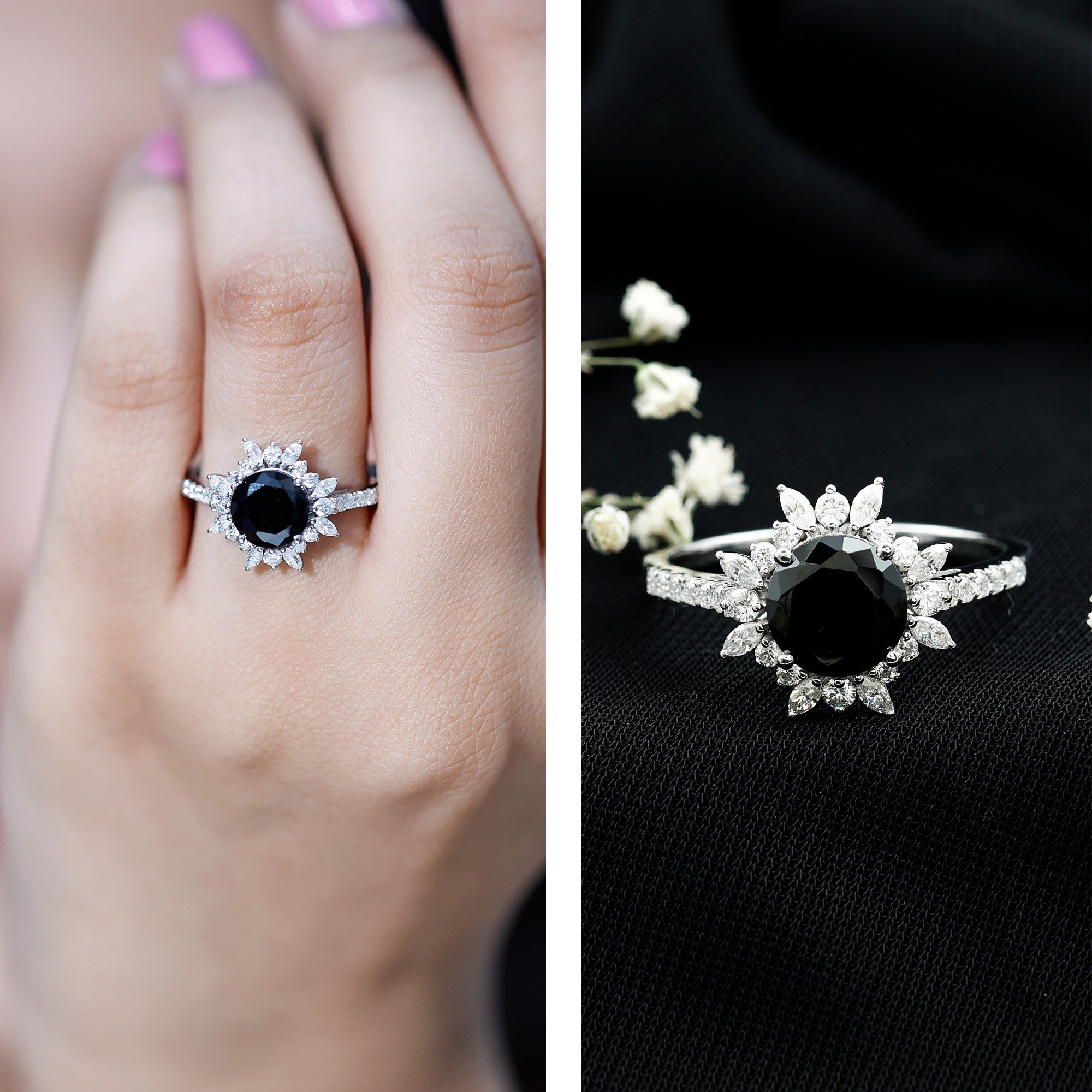 Real Black Spinel Engagement Ring with Moissanite Halo AAA - Rosec Jewels