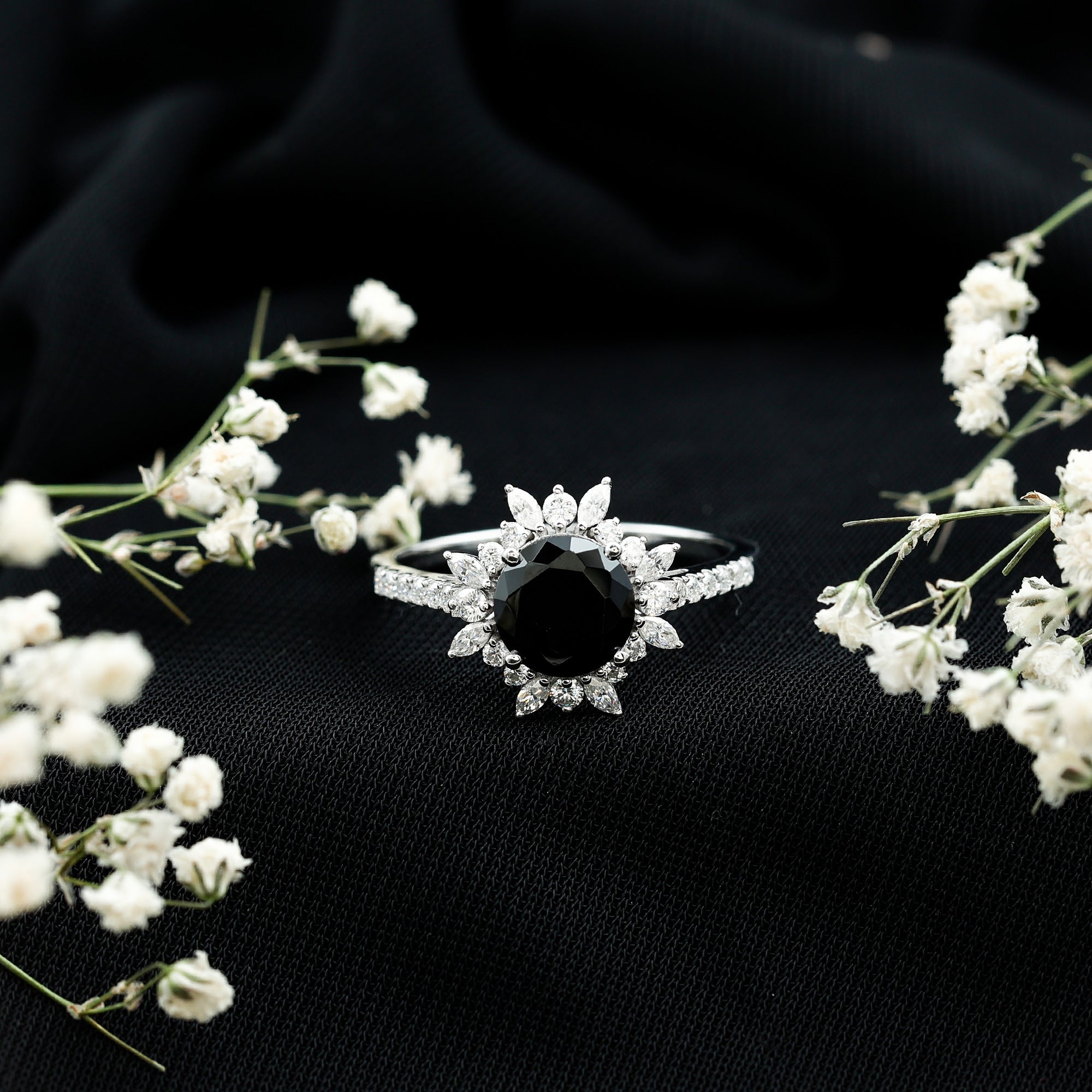 Real Black Spinel Engagement Ring with Moissanite Halo AAA - Rosec Jewels