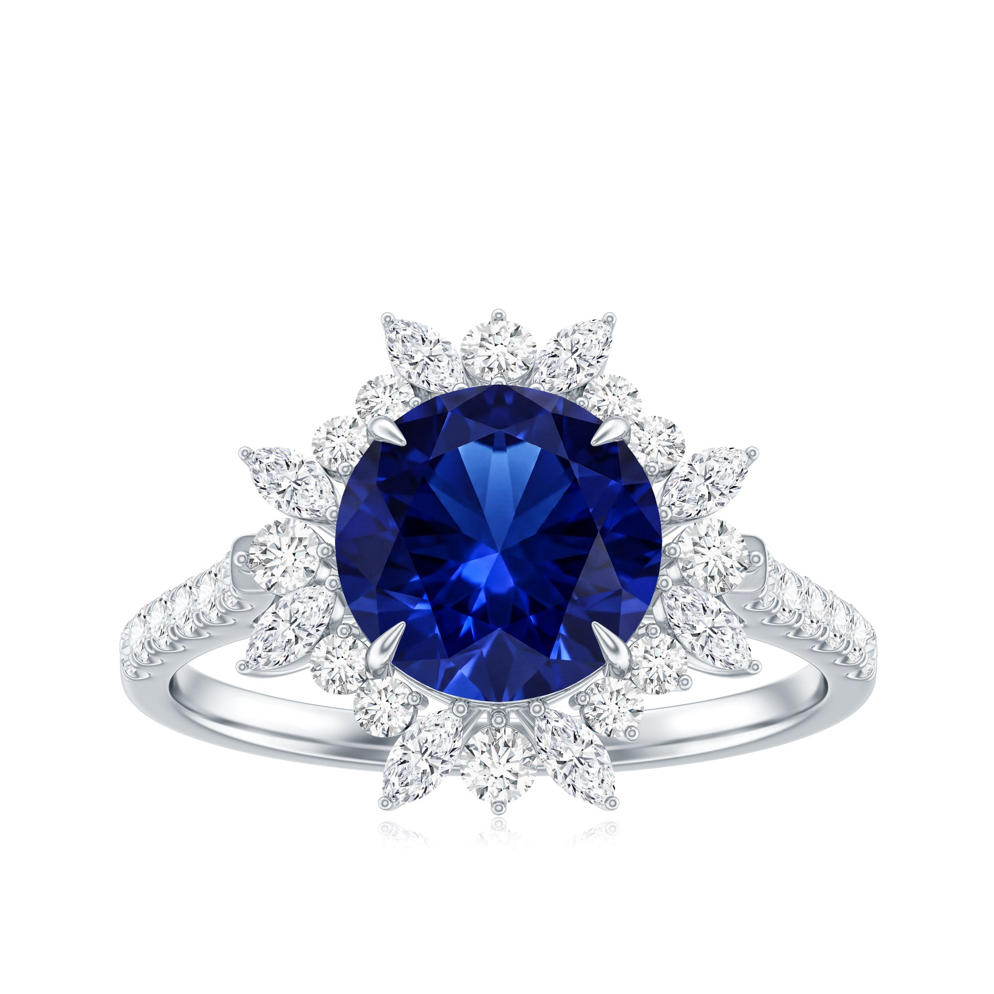 Certified 2.7 Carat Lab Grown Blue Sapphire Engagement Ring with Diamond Halo AAAA - Rosec Jewels