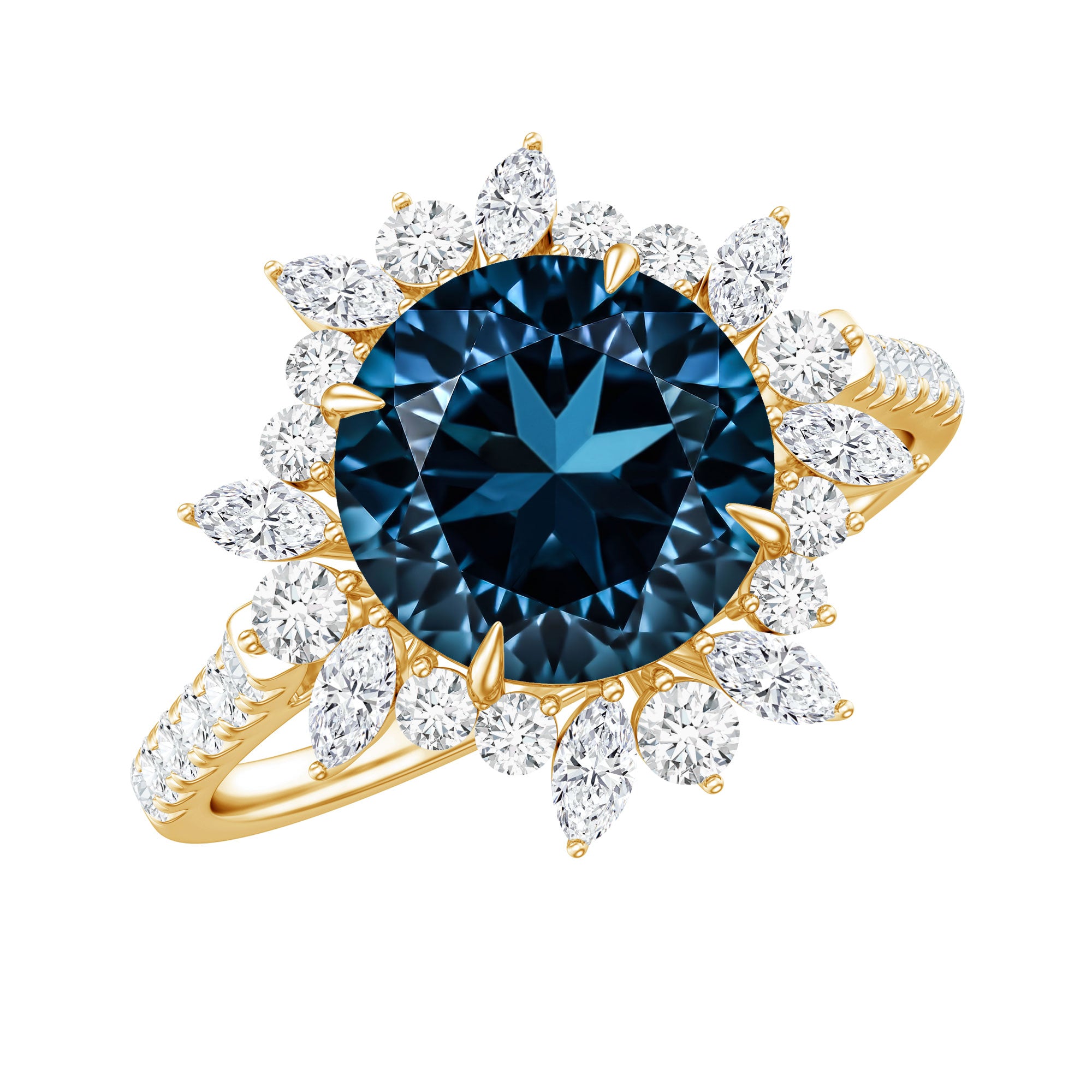 Certified London Blue Topaz and Diamond Statement Engagement Ring AAA - Rosec Jewels