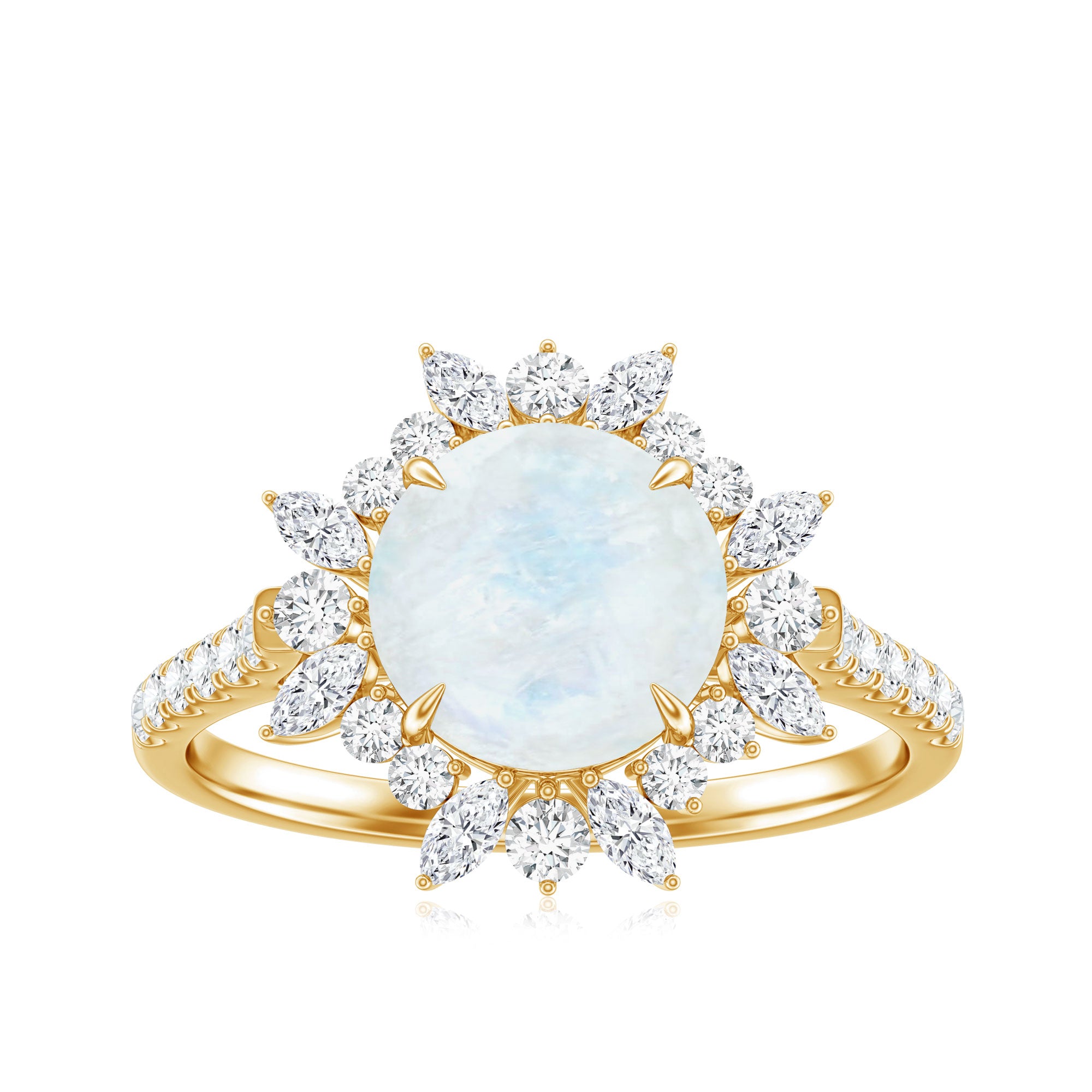 Round Moonstone Statement Ring with Moissanite Floral Halo AAA - Rosec Jewels