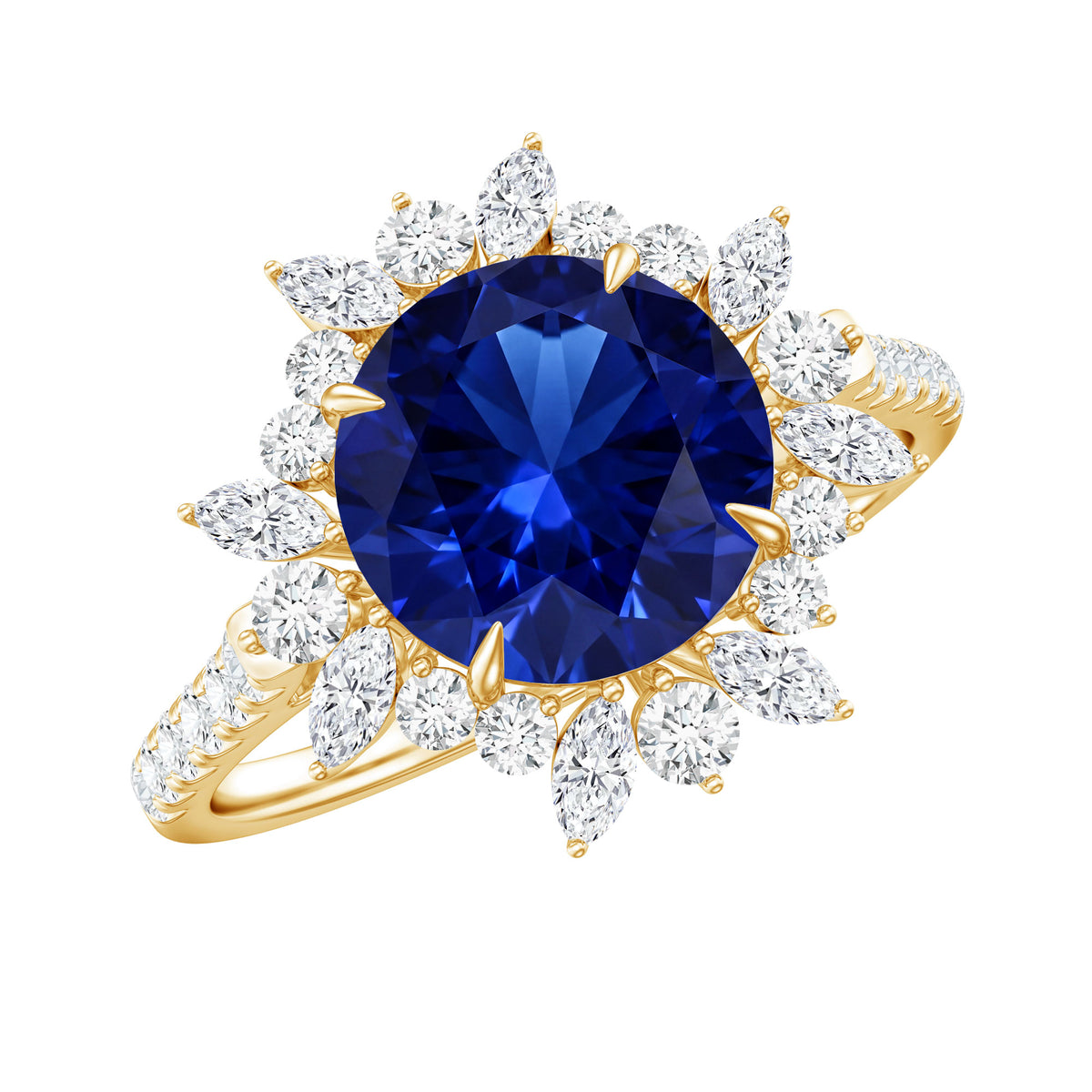 Lab Grown Blue Sapphire And Moissanite Floral Inspired Ring AAAA - Rosec Jewels