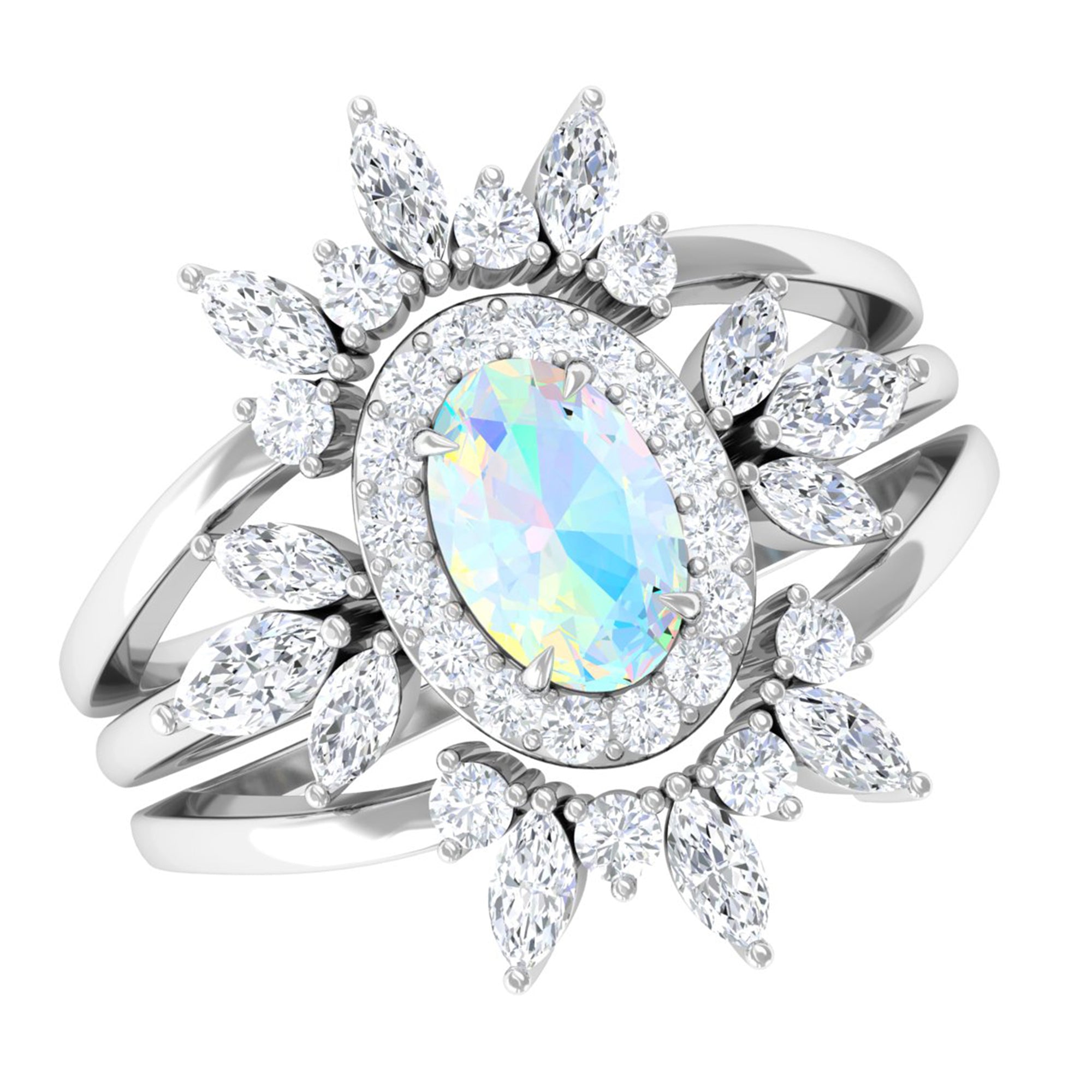 Oval Ethiopian Opal and Moissanite Trio Wedding Ring Set Ethiopian Opal - ( AAA ) - Quality - Rosec Jewels