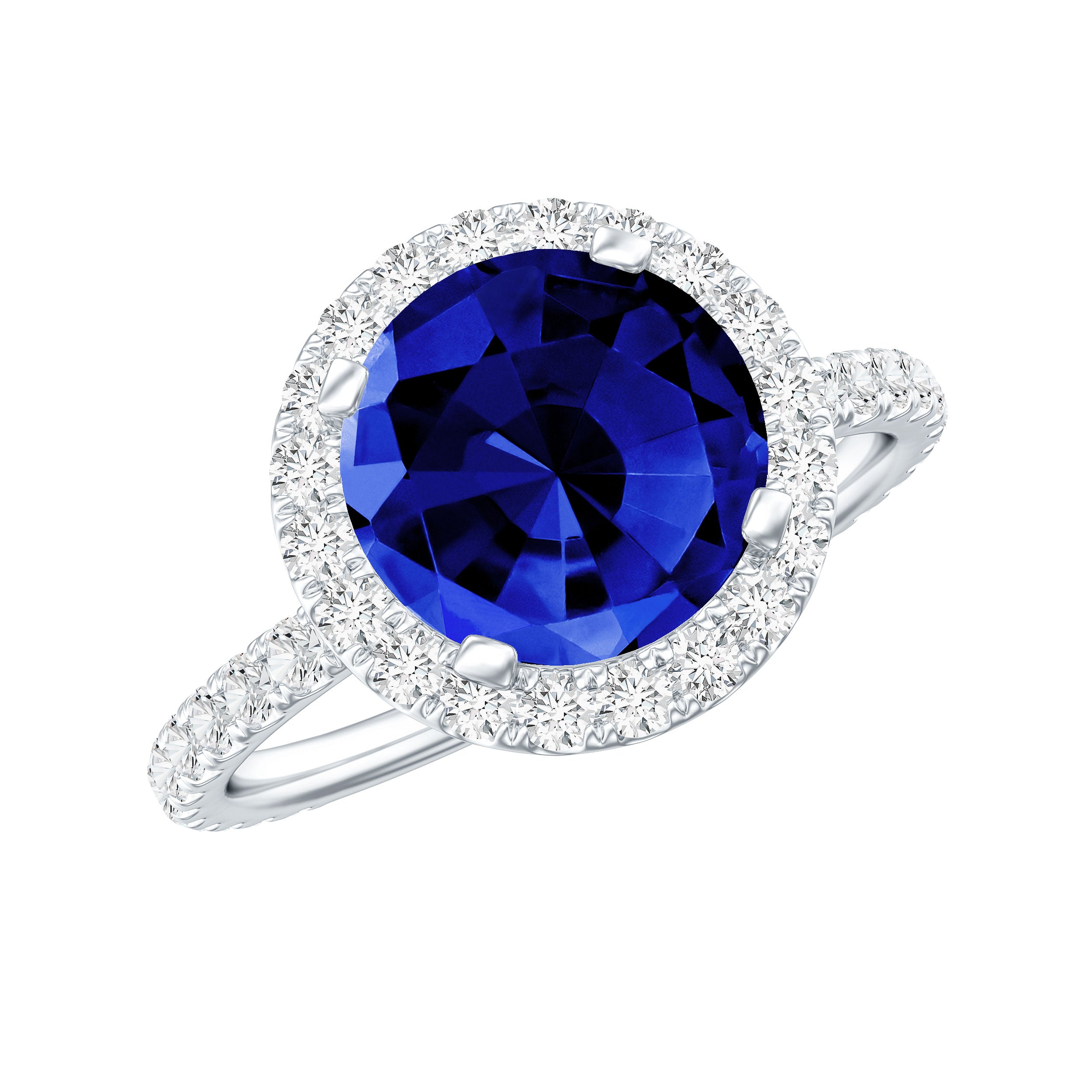 Certified 2.7 Carat Lab Grown Blue Sapphire Halo Engagement Ring with Moissanite AAAA - Rosec Jewels