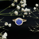 Certified 2.7 Carat Lab Grown Blue Sapphire Halo Engagement Ring with Moissanite AAAA - Rosec Jewels