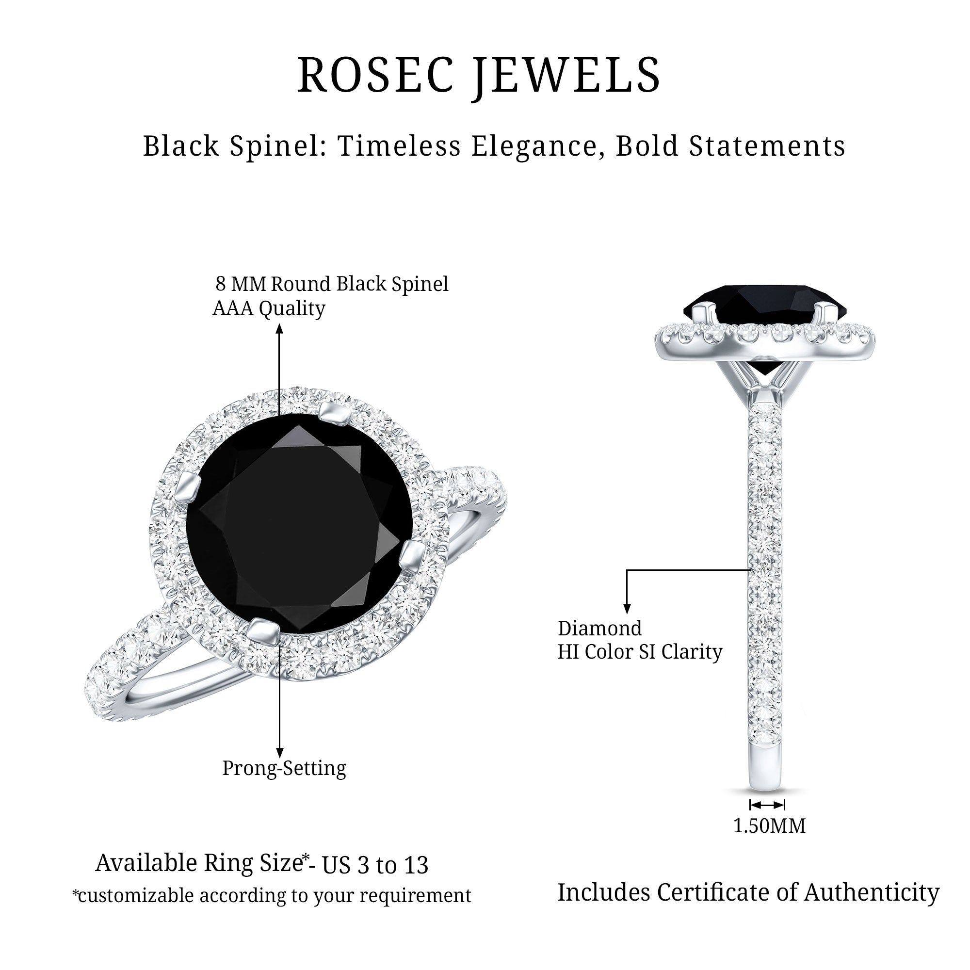 Natural Black Spinel Engagement Ring with Diamond Halo AAA - Rosec Jewels