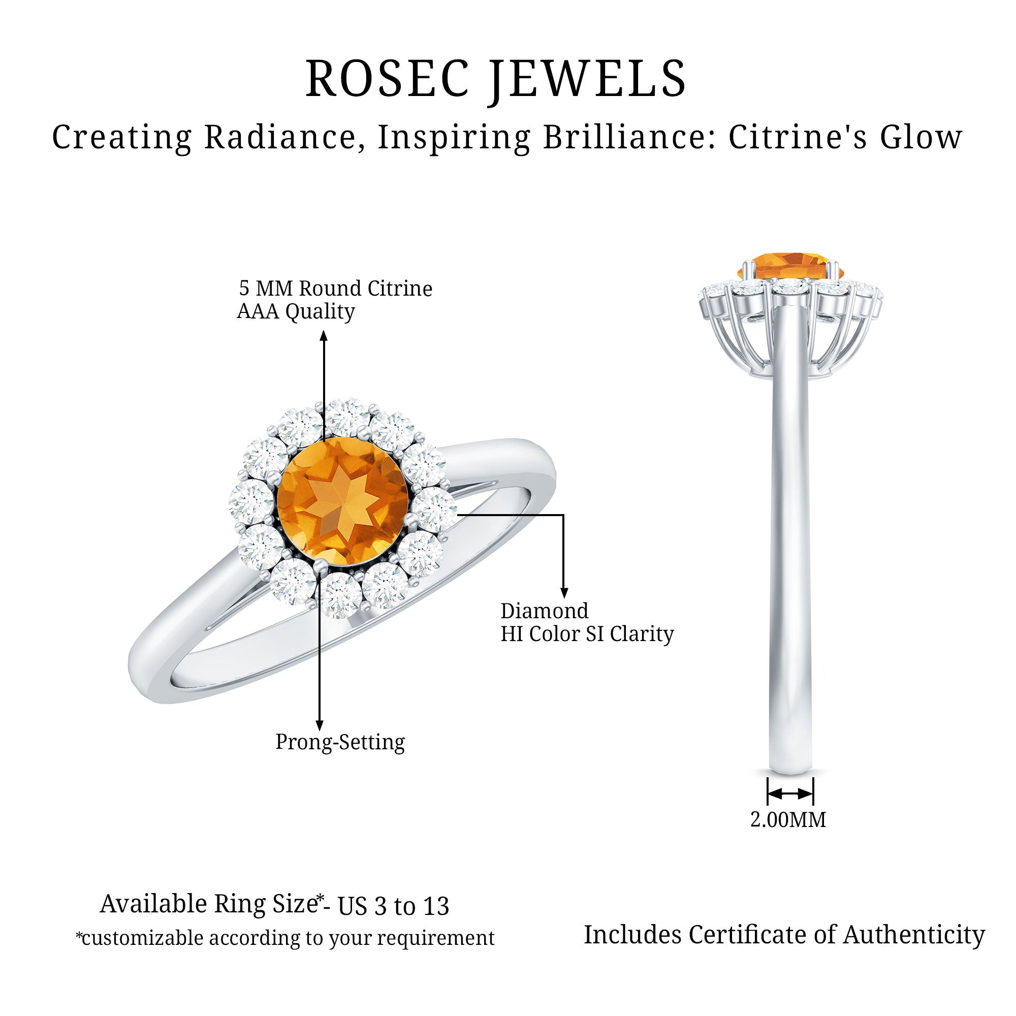 Natural Citrine Promise Ring with Diamond Halo AAA - Rosec Jewels