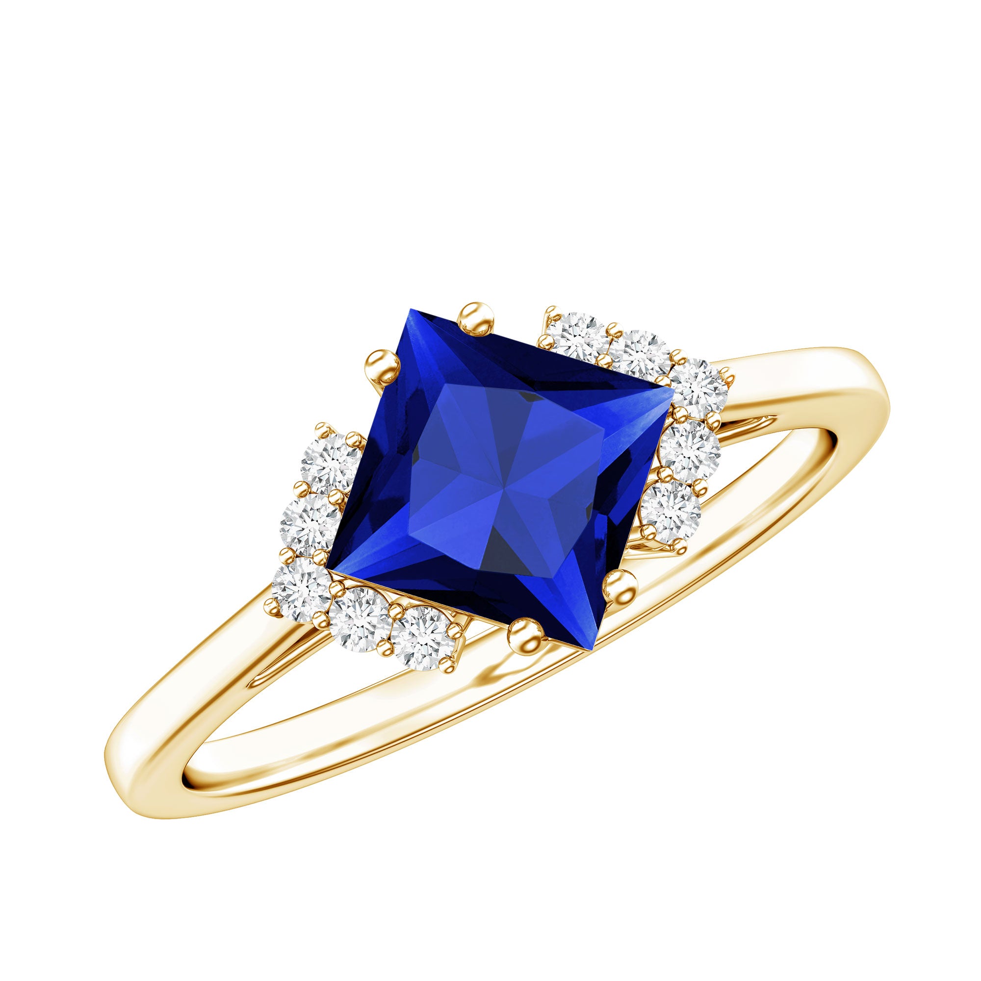 Certified 1.5 Carat Princess Cut Lab Grown Blue Sapphire Engagement Ring with Diamond AAAA - Rosec Jewels