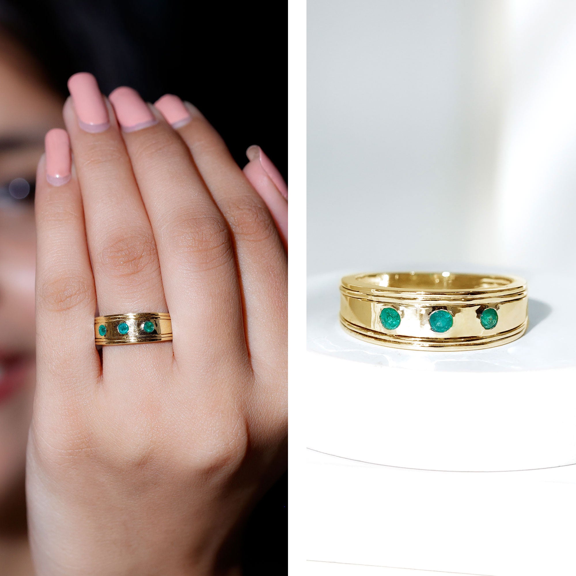 Emerald Minimal Band Ring in Gypsy Setting AAA - Rosec Jewels