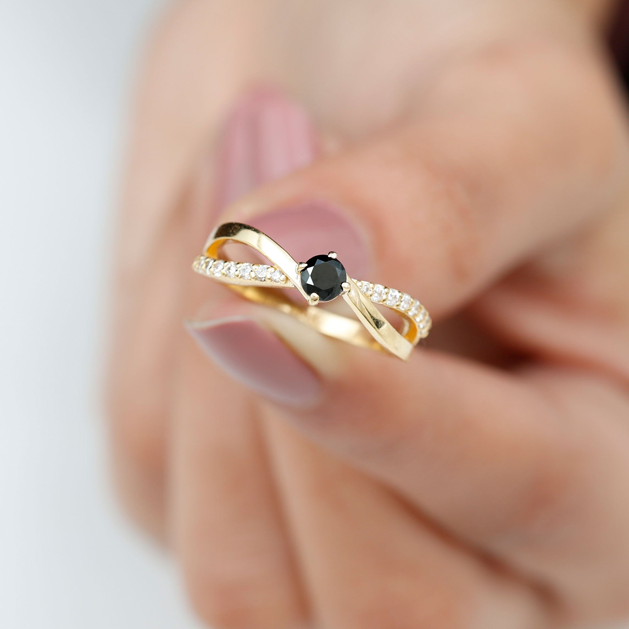 0.50 CT Black Onyx Solitaire and Diamond Infinity Ring Black Onyx - ( AAA ) - Quality - Rosec Jewels