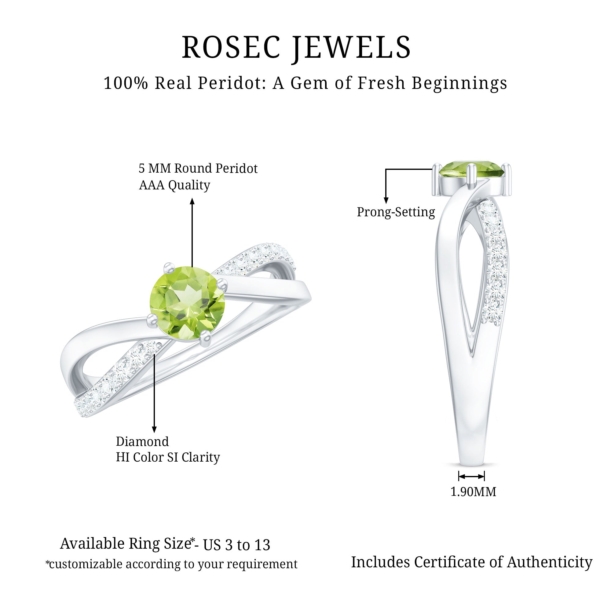 Natural 0.5 Carat Peridot Infinity Promise Ring with Diamond AAA - Rosec Jewels