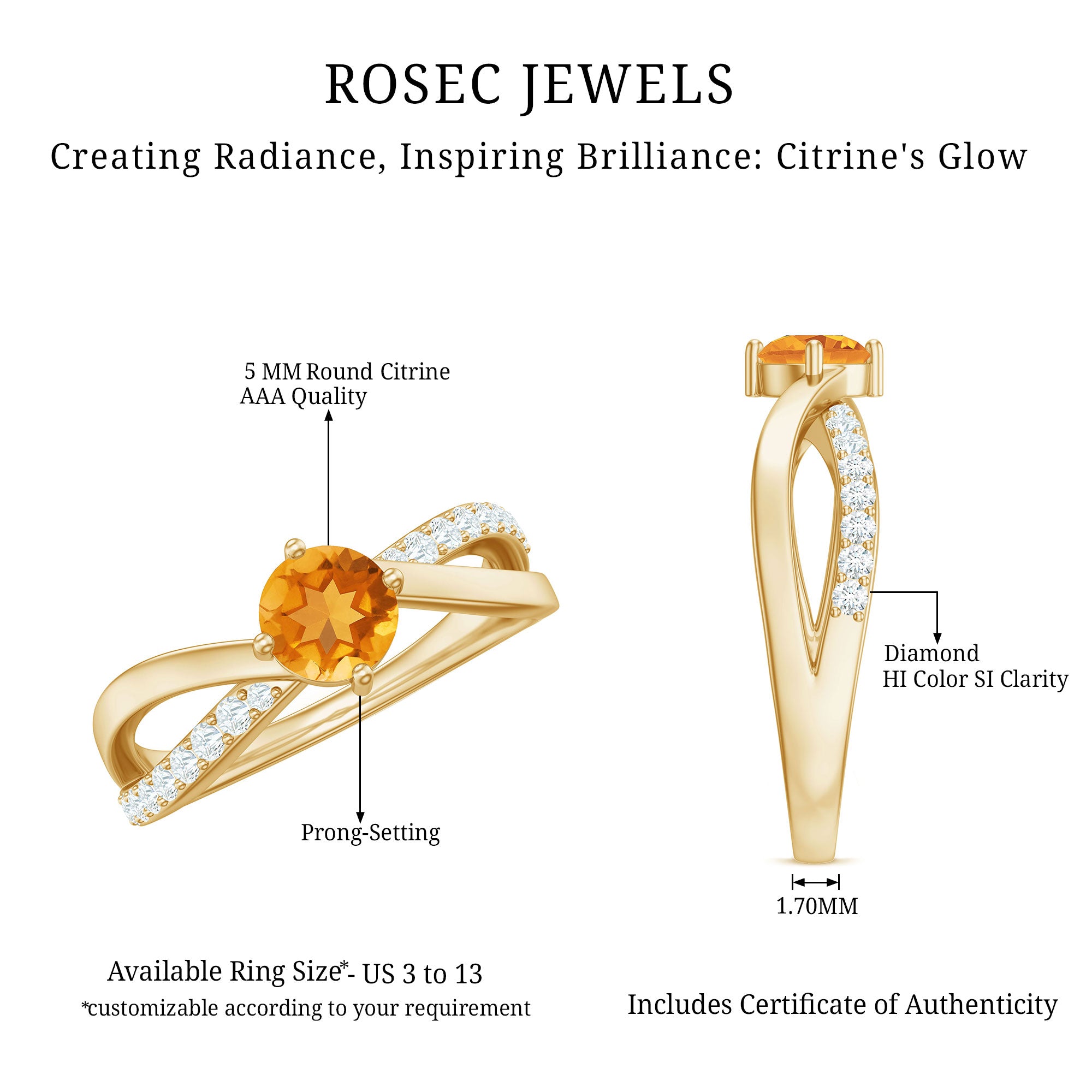 Certified Real Citrine Engagement Ring with Diamond Criss Cross Shank AAA - Rosec Jewels