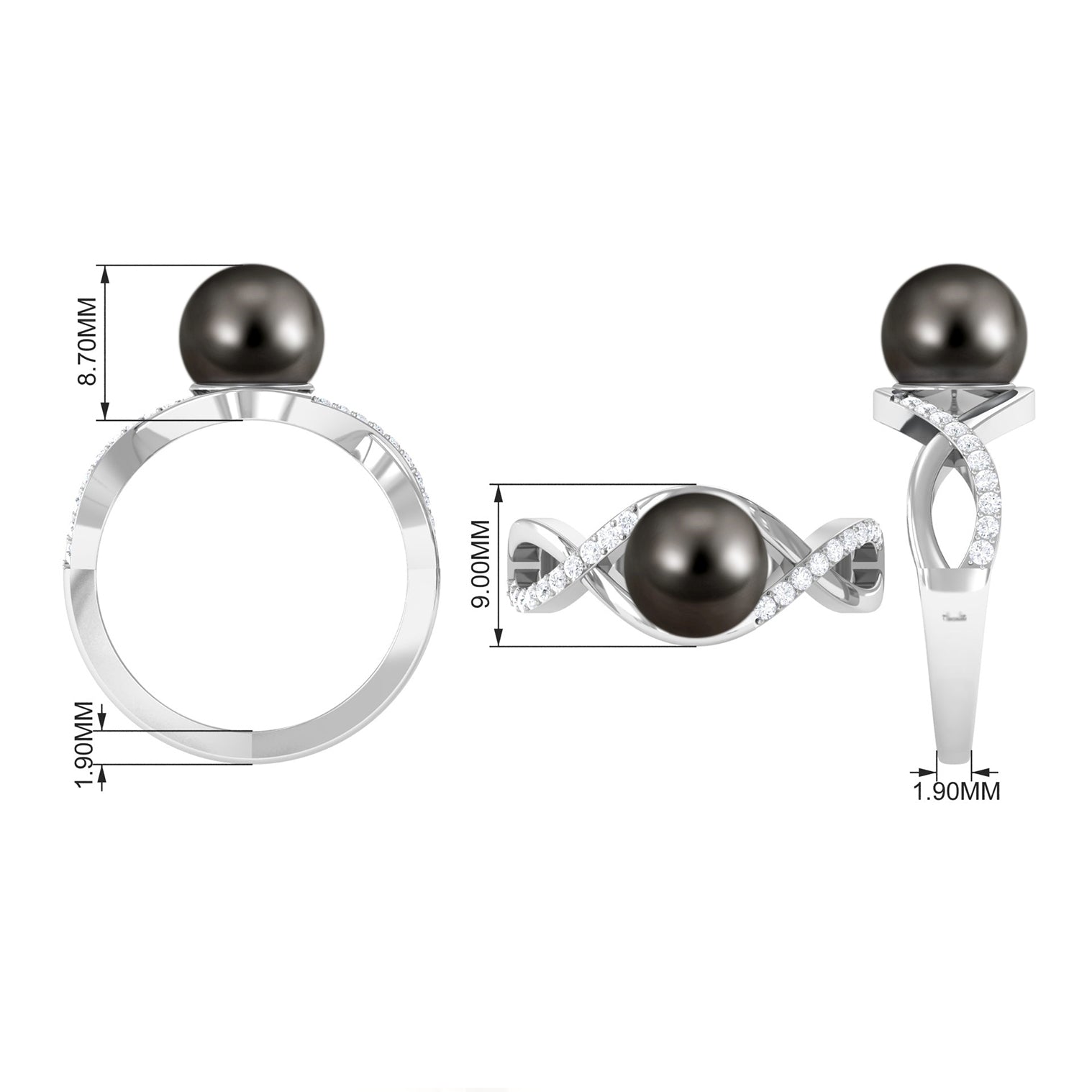 Tahitian Pearl Crossover Diamond Infinity Engagement Ring AAA - Rosec Jewels